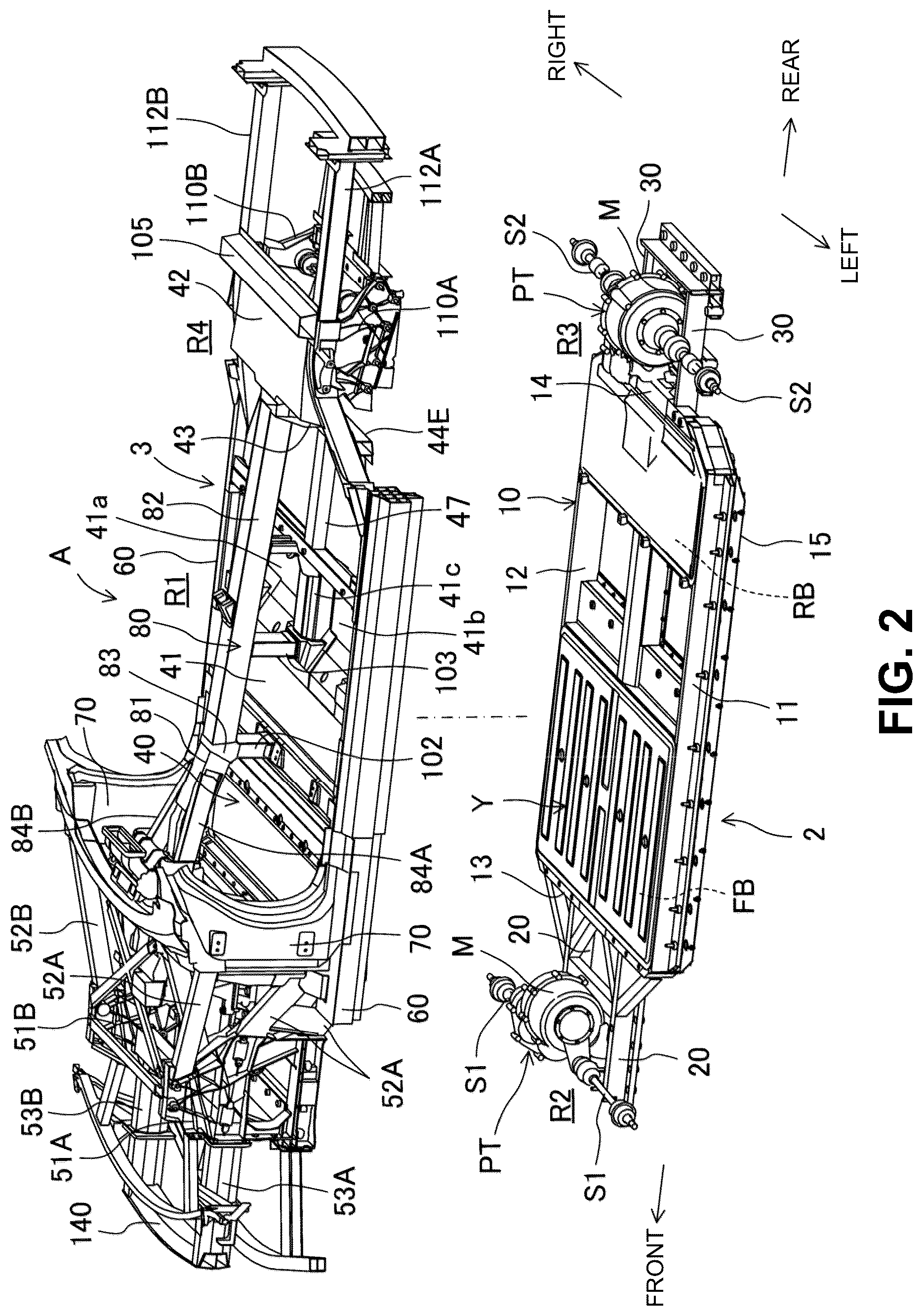 Patent US12304569 Figure 2 – Electric-vehicle-body structure having a center frame that is higher than a floor panel