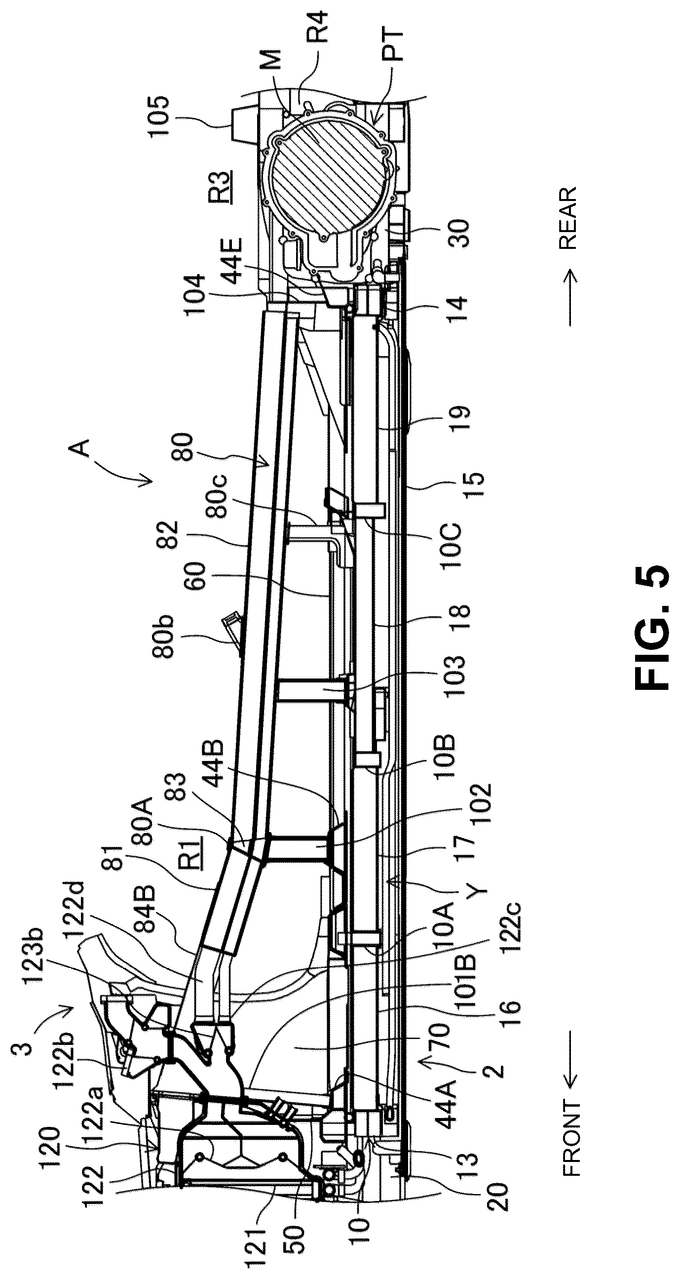 Patent US12304569 Figure 5 – Electric-vehicle-body structure having a center frame that is higher than a floor panel