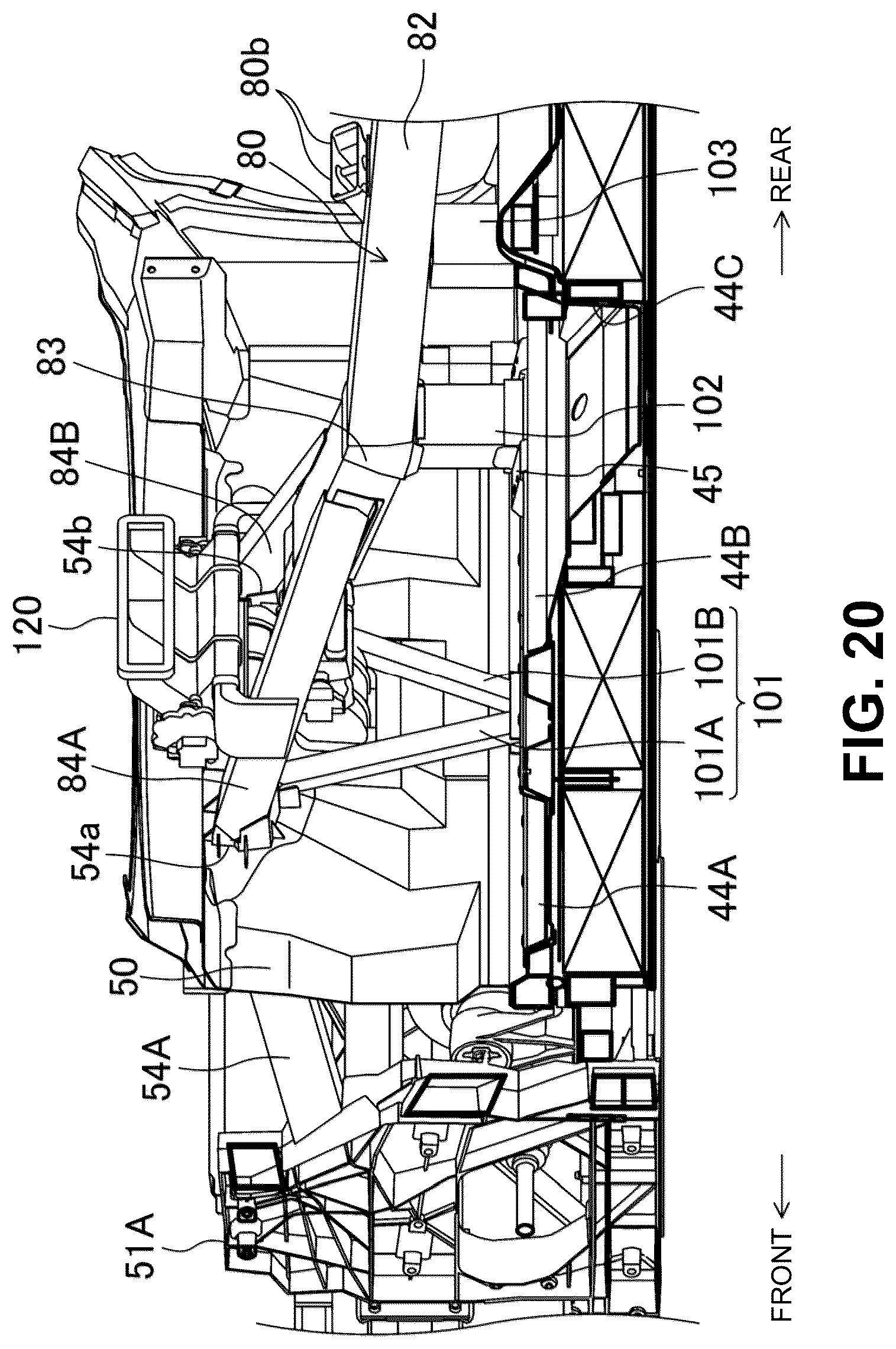 Patent US12304569 Figure 20 – Electric-vehicle-body structure having a center frame that is higher than a floor panel
