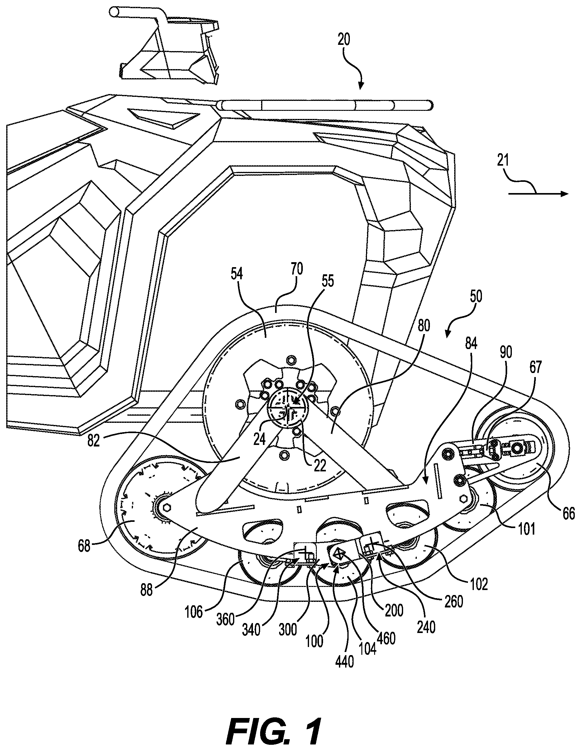 Patent US12304579 — Support structure for connecting a plurality of support wheel assemblies to a frame member of a track system and track system having the same — Figure 1