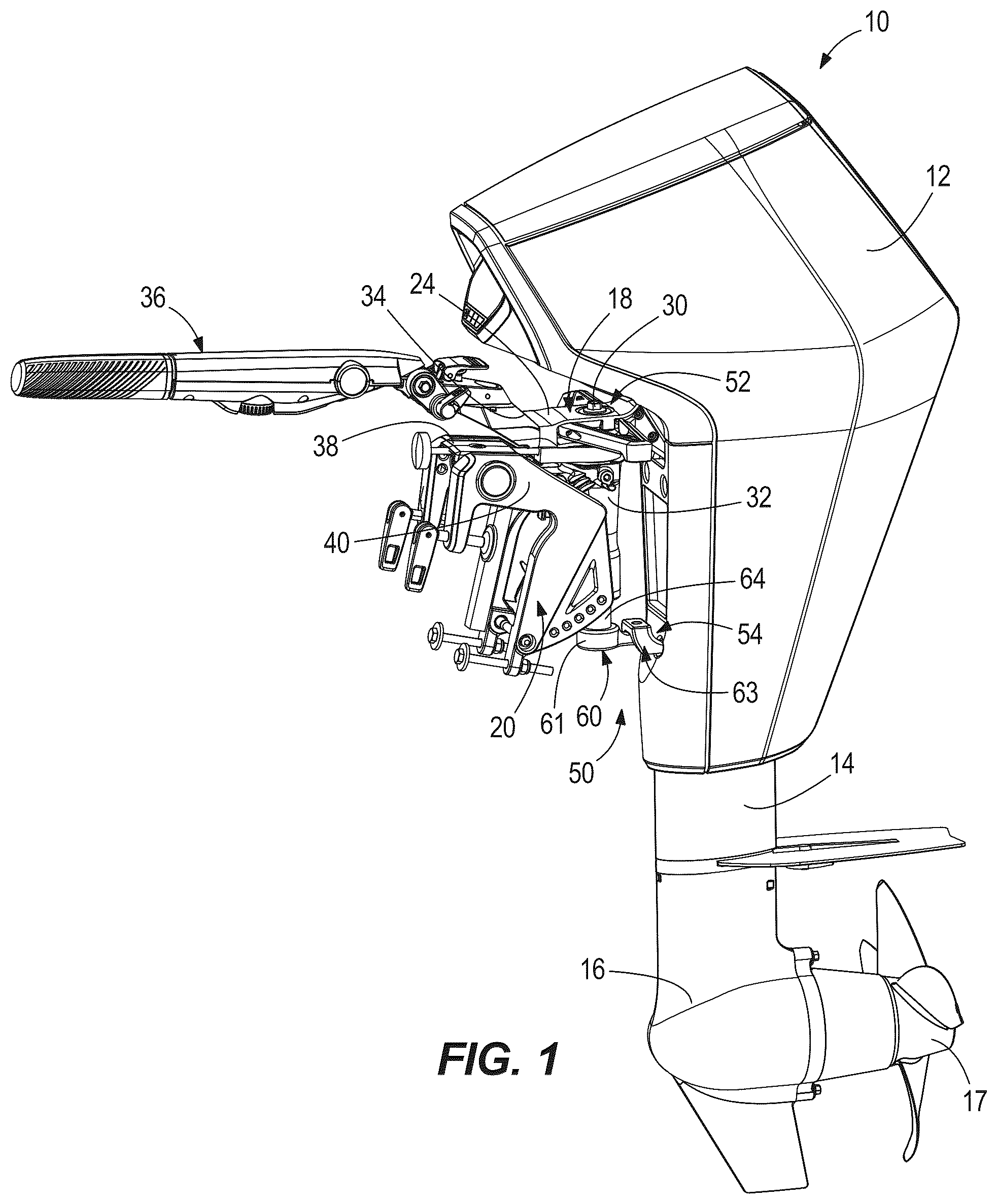 Patent US12304605 Figure 1 – Transom bracket assemblies for supporting a marine drive on a vessel