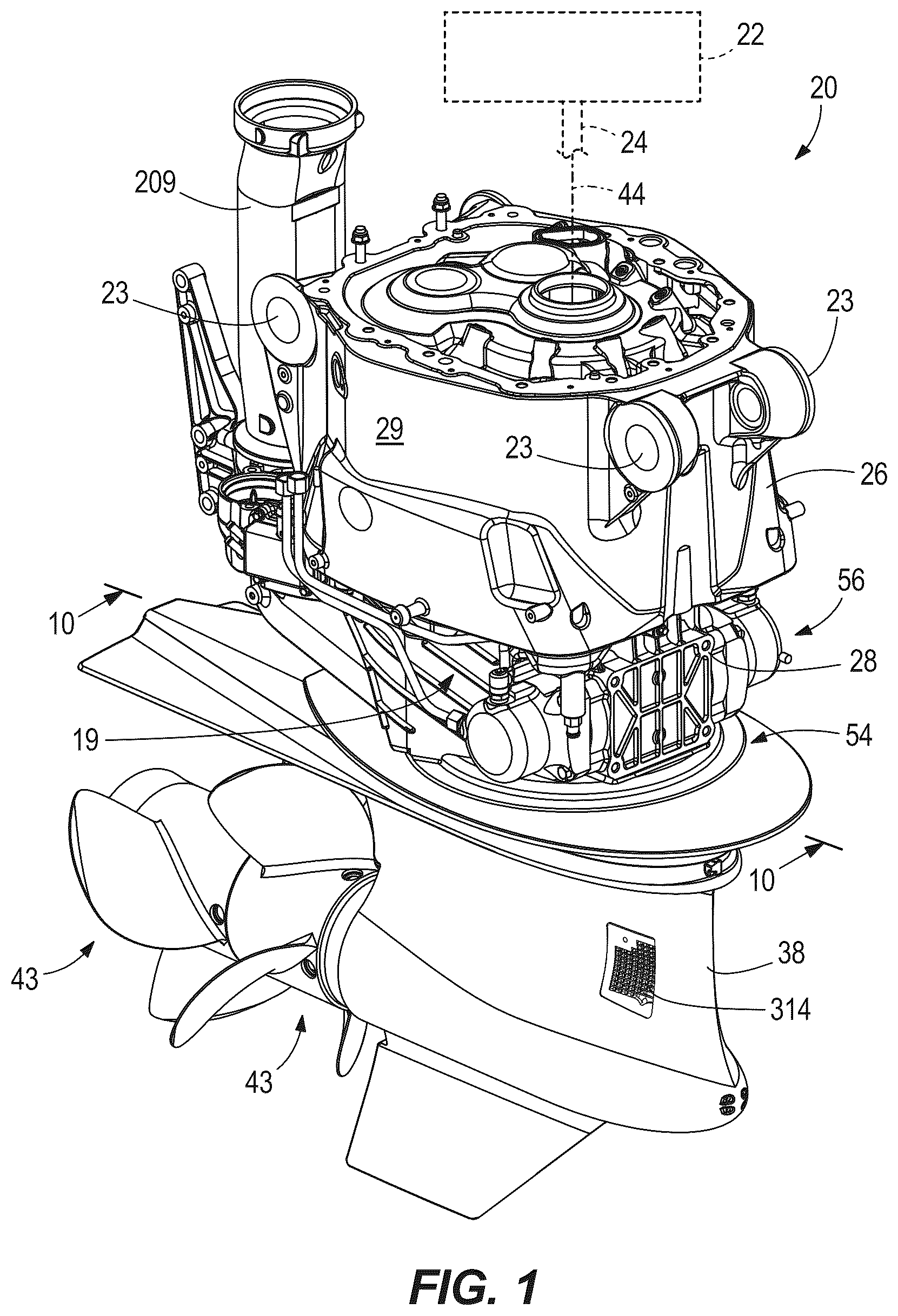 Patent US12304607 — Marine drives having steerable gearcase — Figure 1