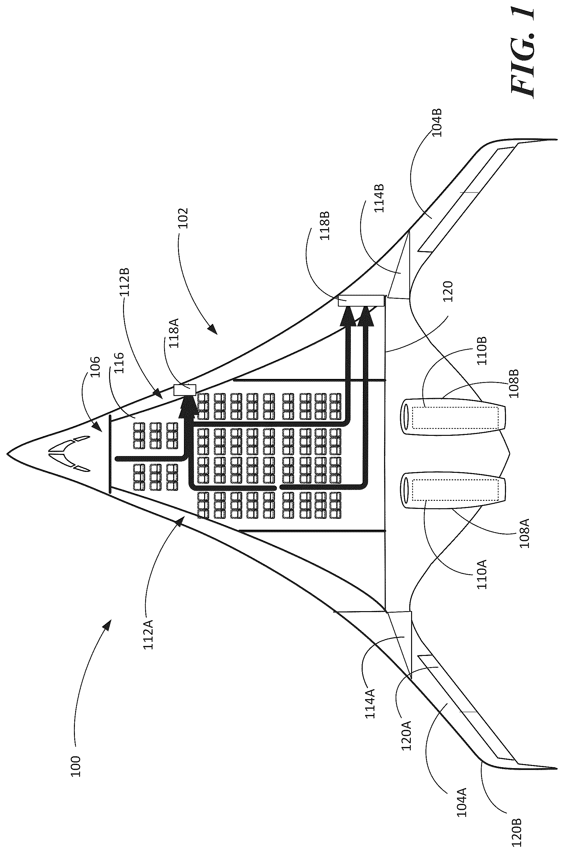 Patent US12304633 — Emergency egress in a blended wing body aircraft — Figure 1