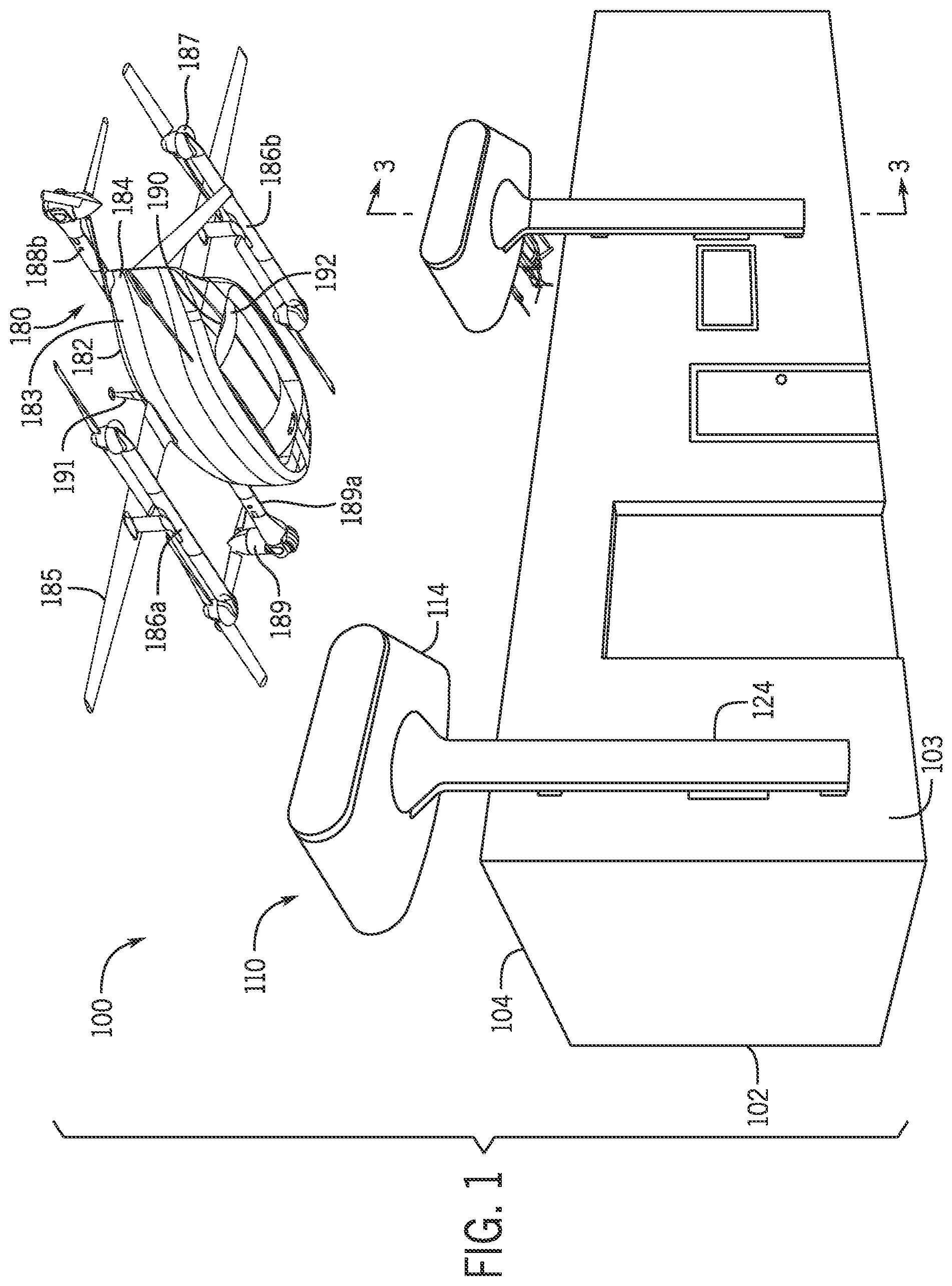 Patent US12304670 Figure 1 – Systems for unmanned aerial vehicle docking, storage, and loading