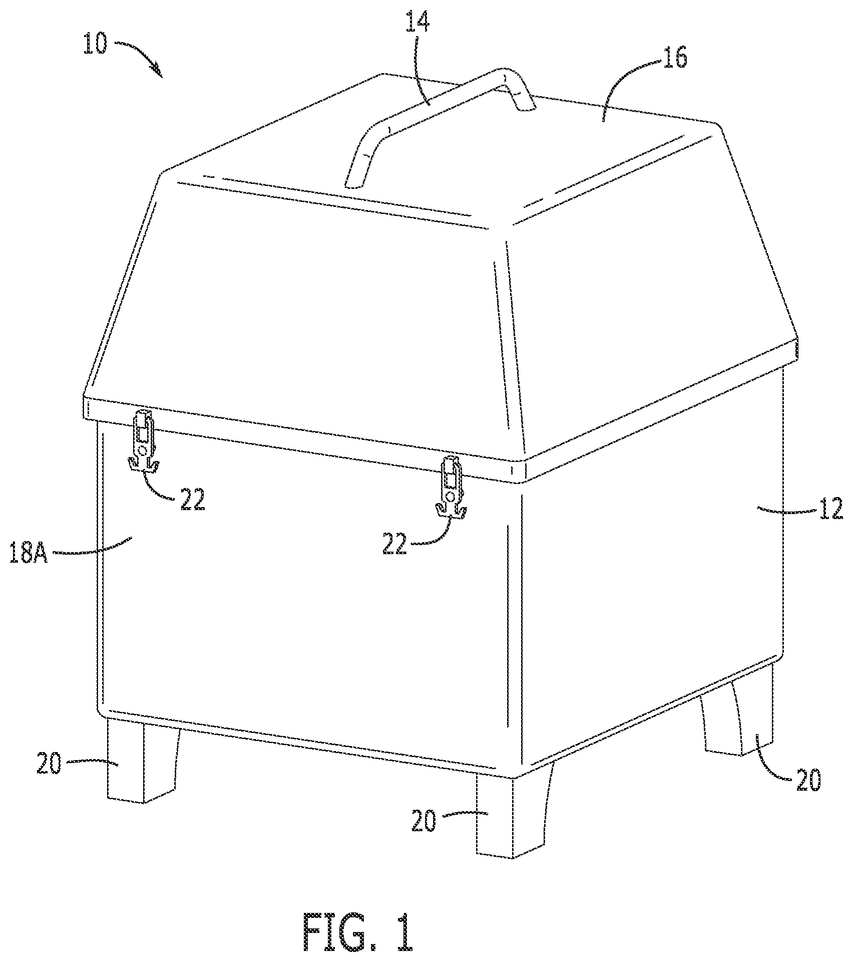 Patent US12304690 — Nautical fiberglass container to store and protect maritime dewatering pump and storage spill kits — Figure 1