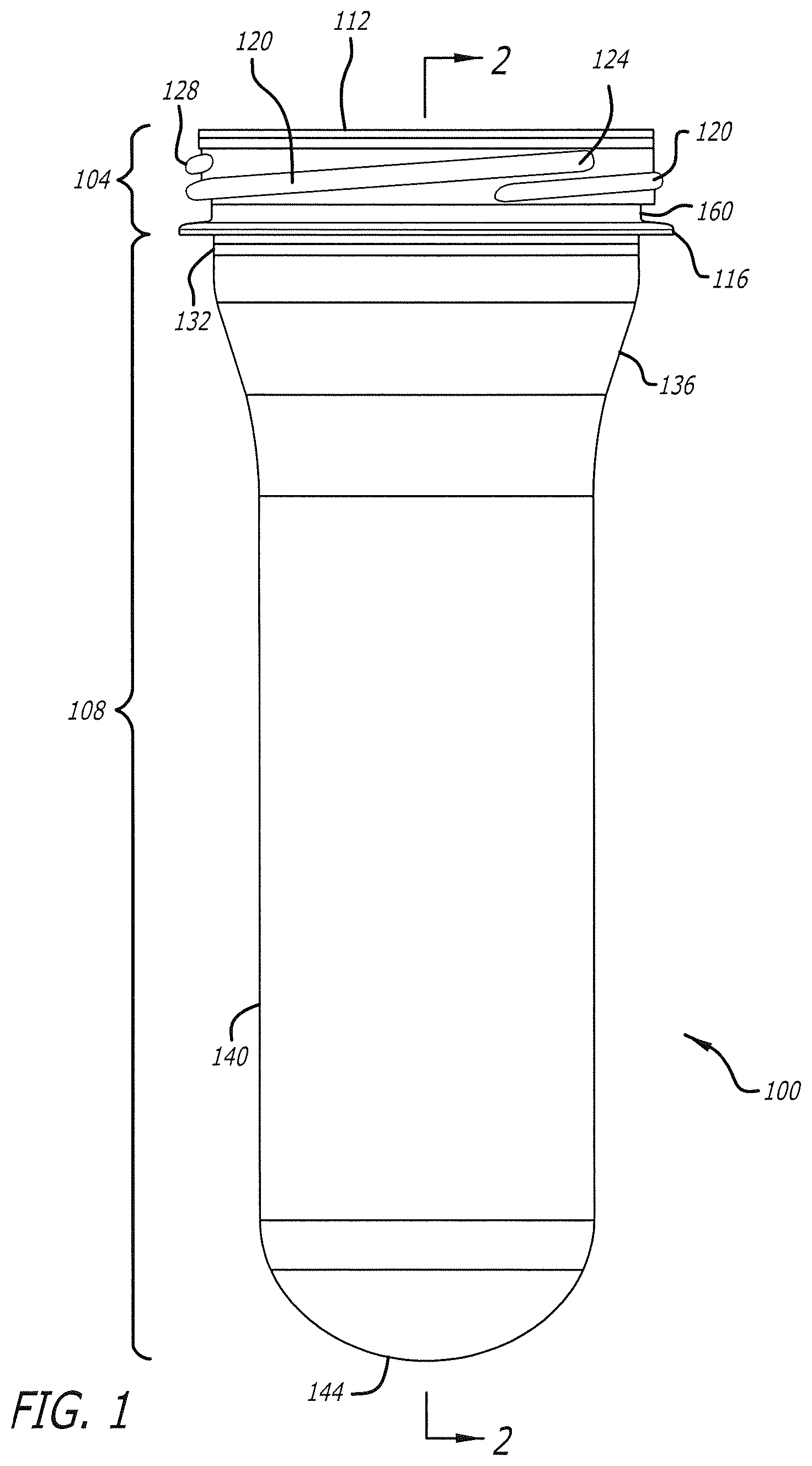 Patent US12304698 — Threaded tamper evidence finish and closure for container — Figure 1