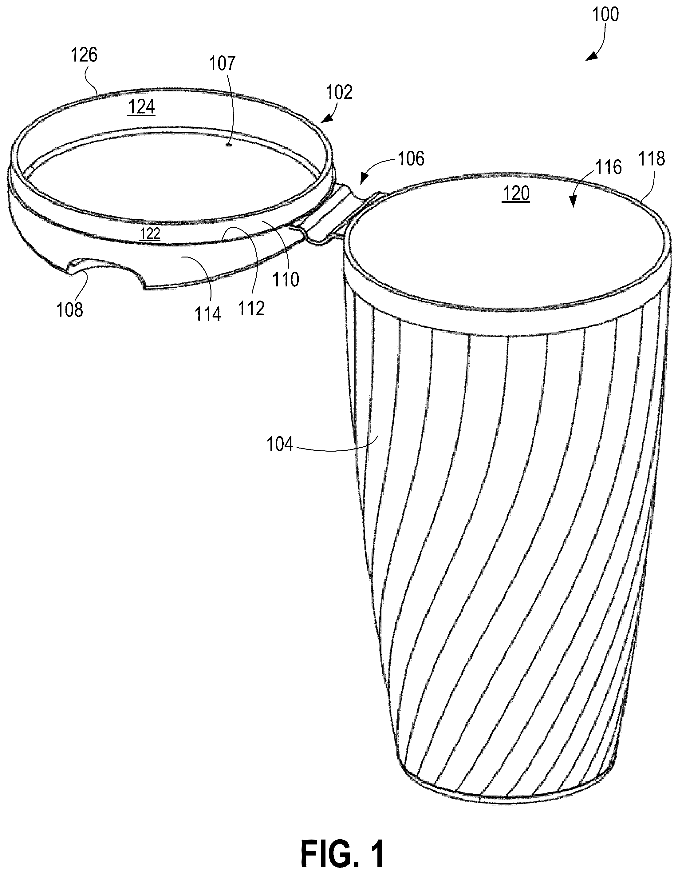 Patent US12304701 — Recyclable coffee cup with integrated lid — Figure 1