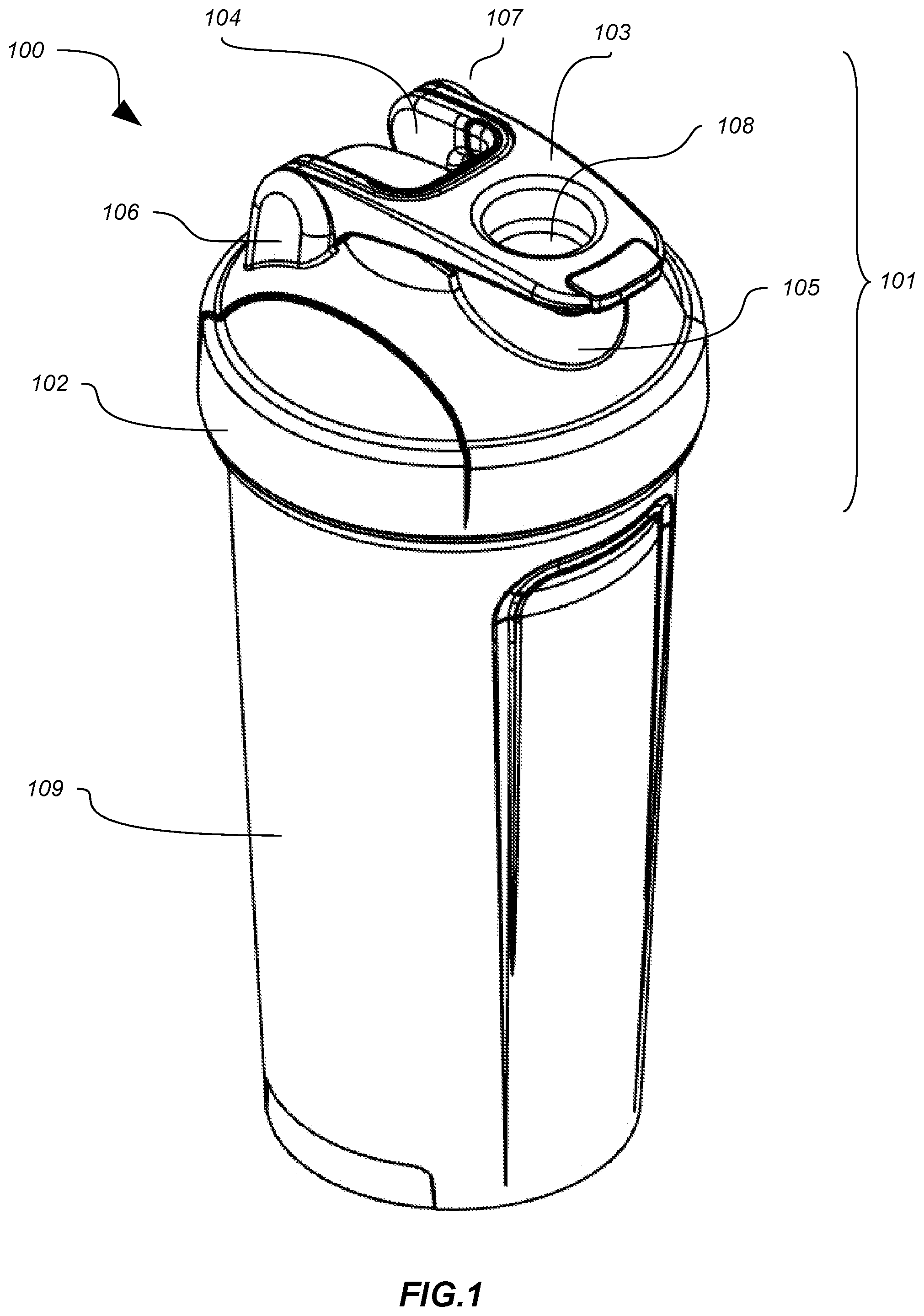 Patent US12304703 — Container lid with flip cap and nesting carry loop — Figure 1