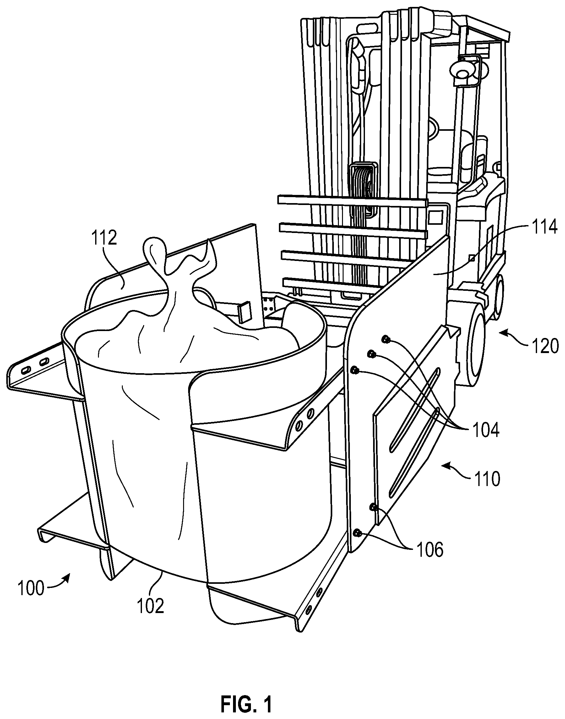 Patent US12304790 Figure 1 – Clamp adapter for lift vehicle to facilitate lifting of malleable objects