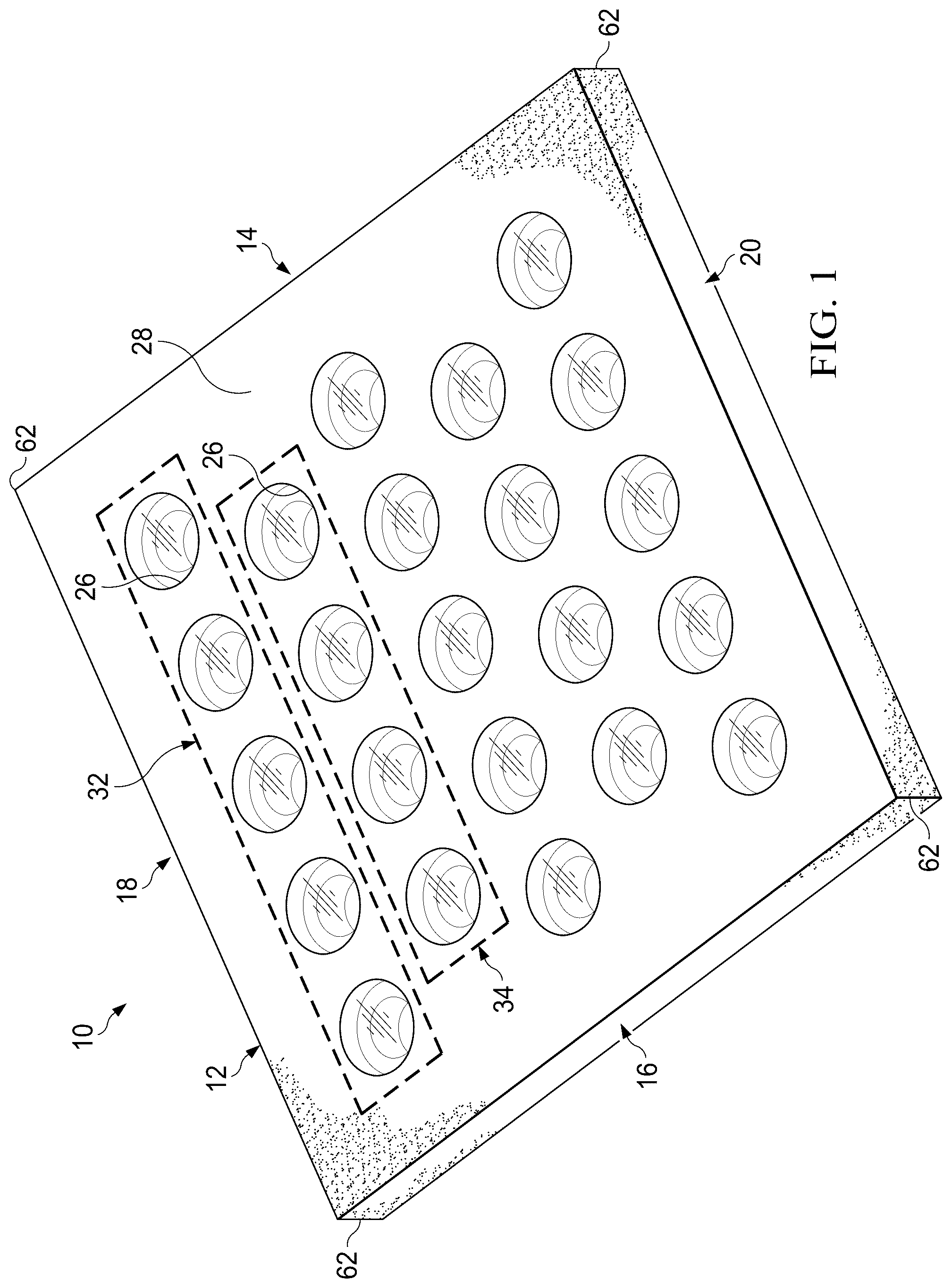Patent US12305341 Figure 1 – Pedestal paver with transparent or translucent inserts