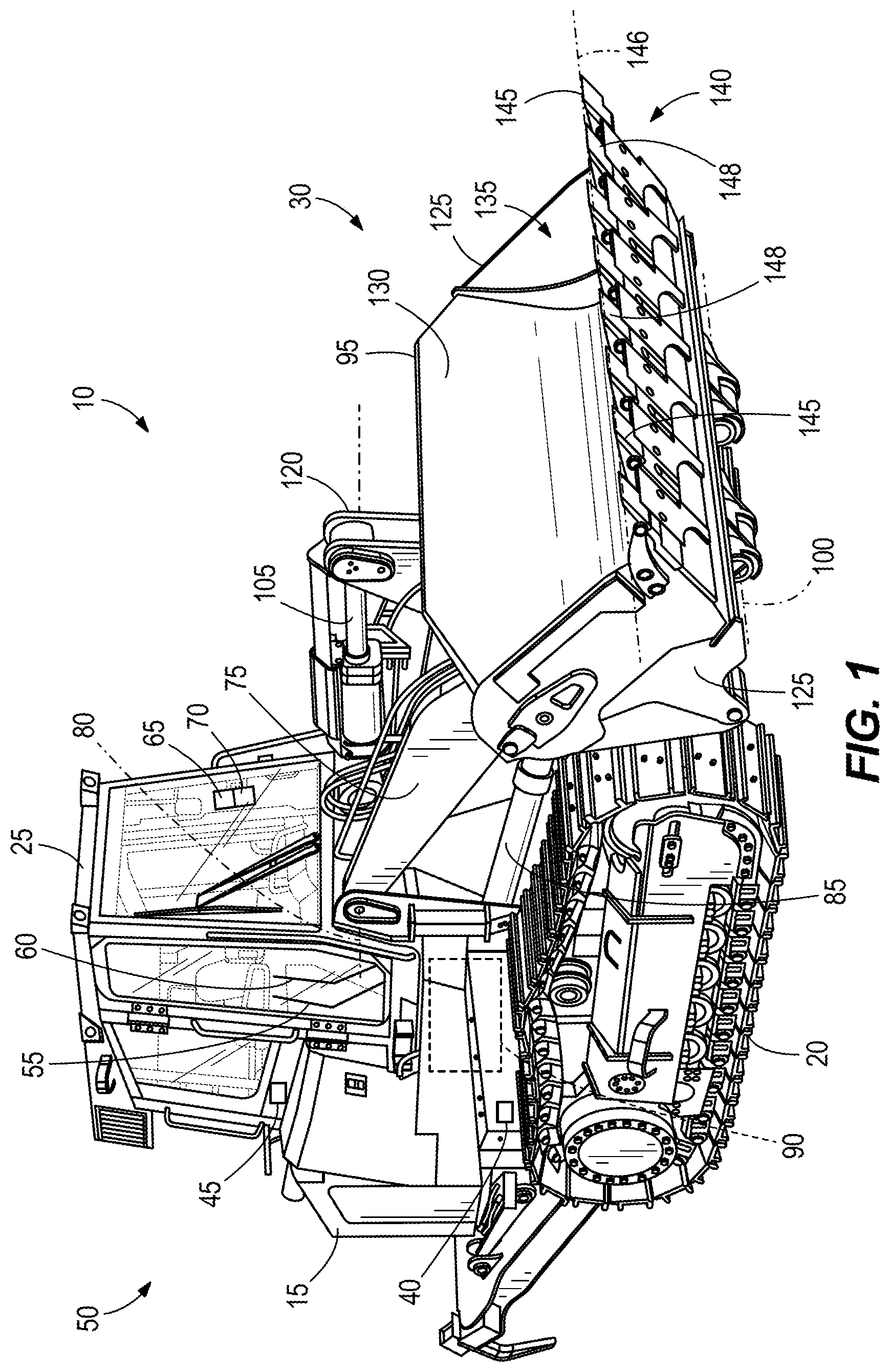 Patent US12305357 — Implement control system for machine — Figure 1