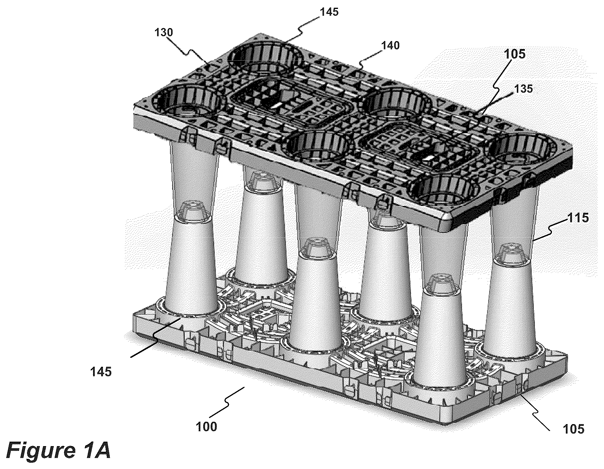 Patent US12305380 Figure 1 – Stormwater management crate assembly with tapered columns and arched side panels