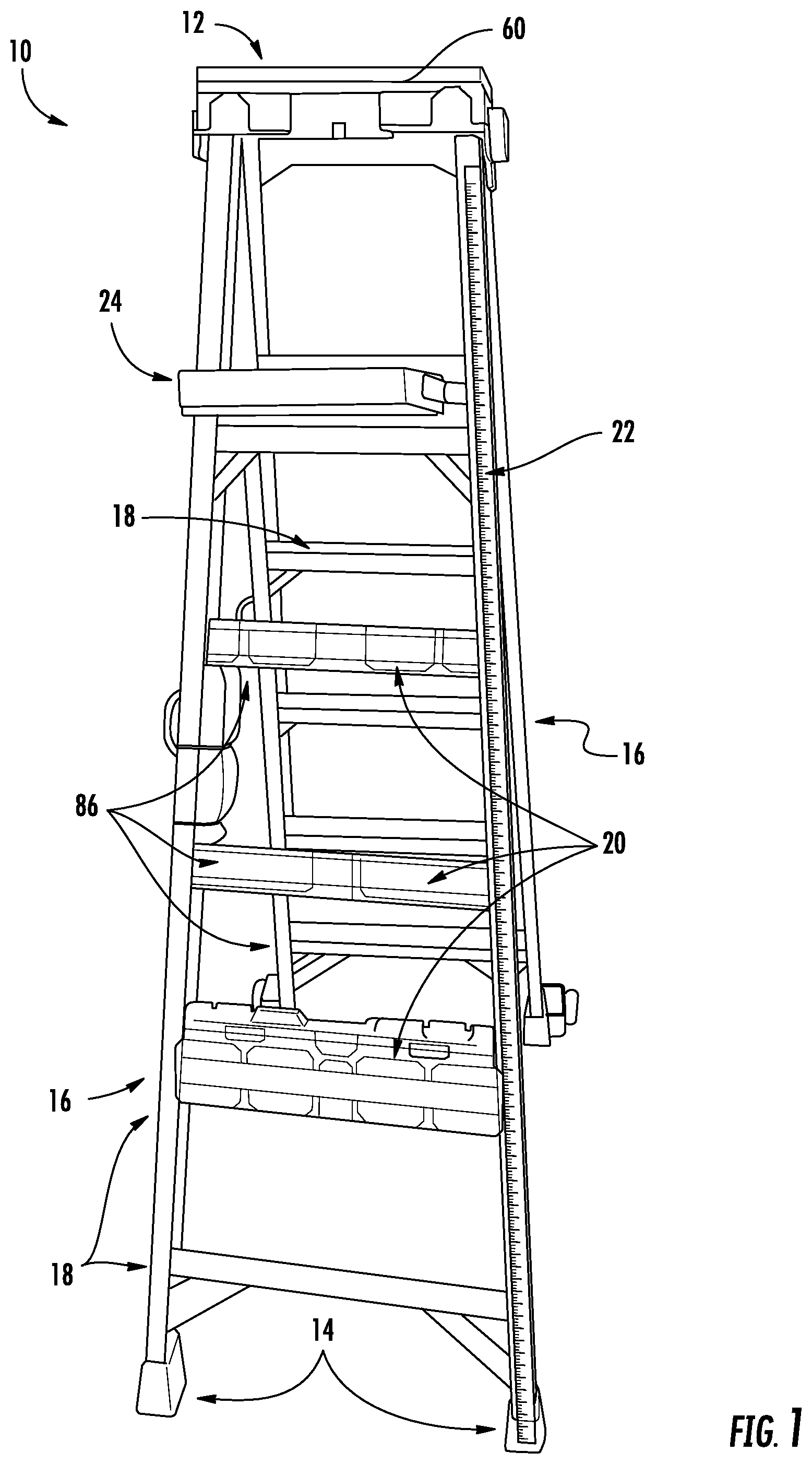 Patent US12305447 — Increased and improved functionality for a ladder — Figure 1
