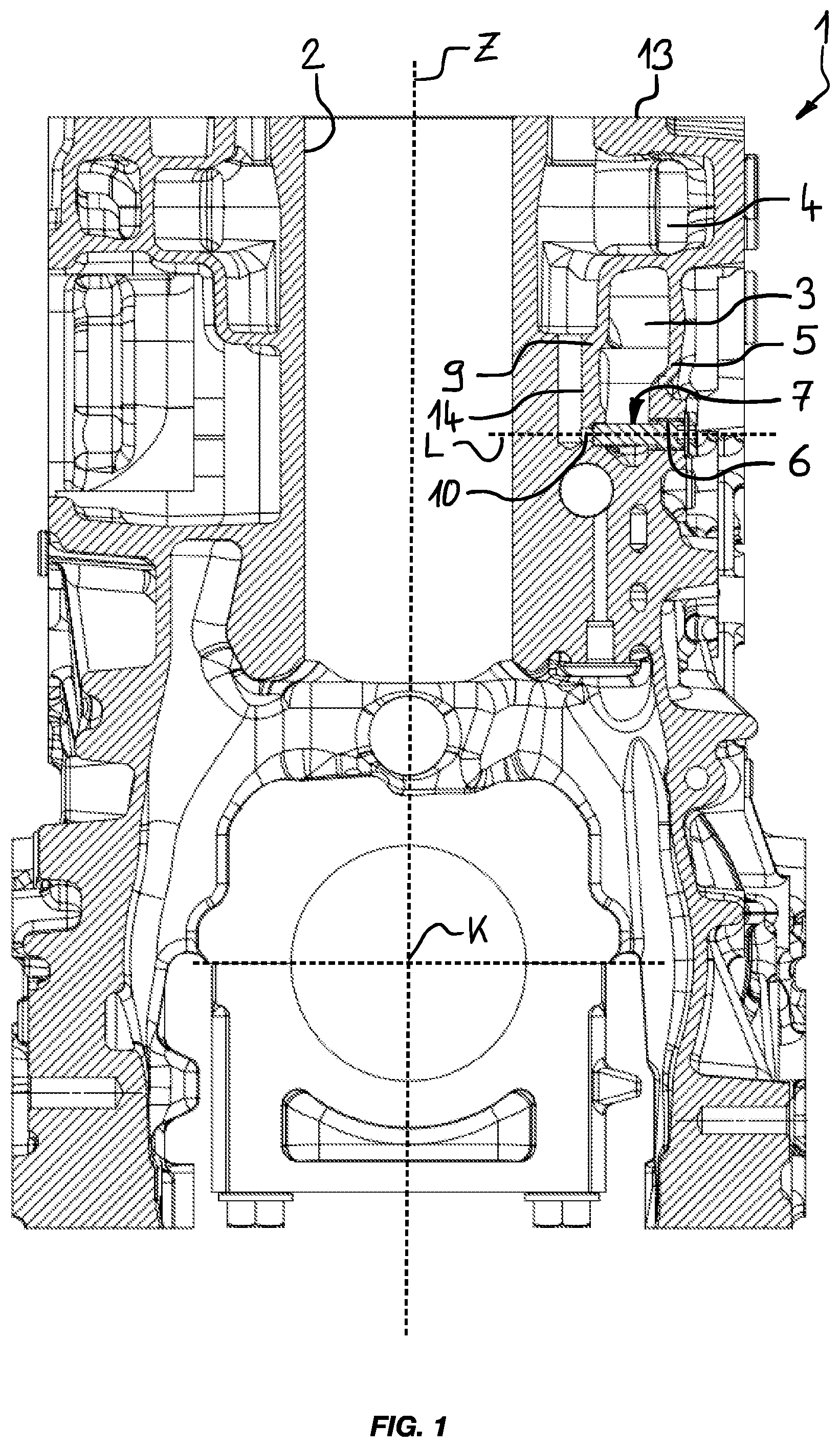 Patent US12305563 — Crankcase with inner and outer coolant jacket — Figure 1