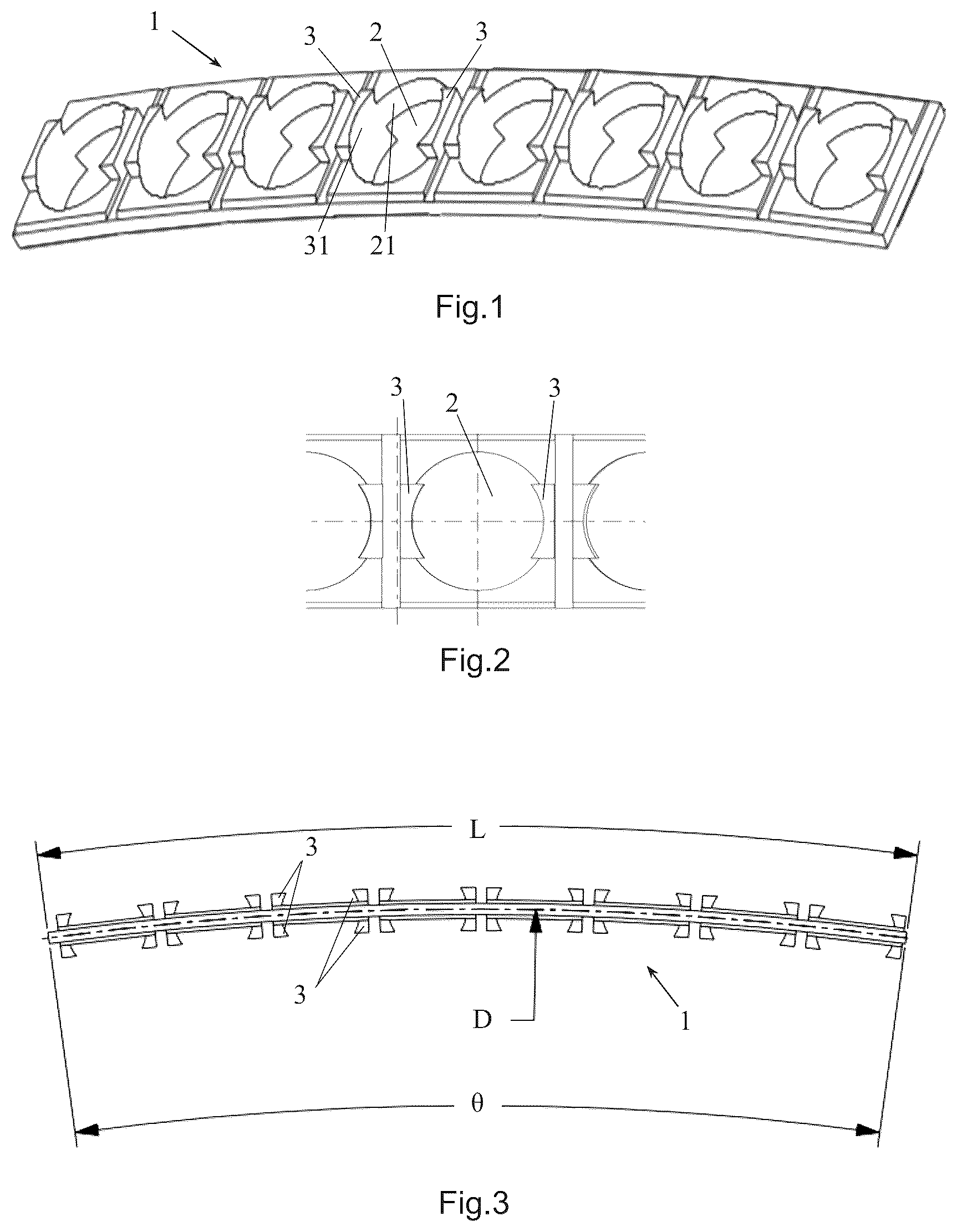 Patent US12305706 — Arc-shaped segment for assembling a segmented cage, cage and bearing — Figure 1