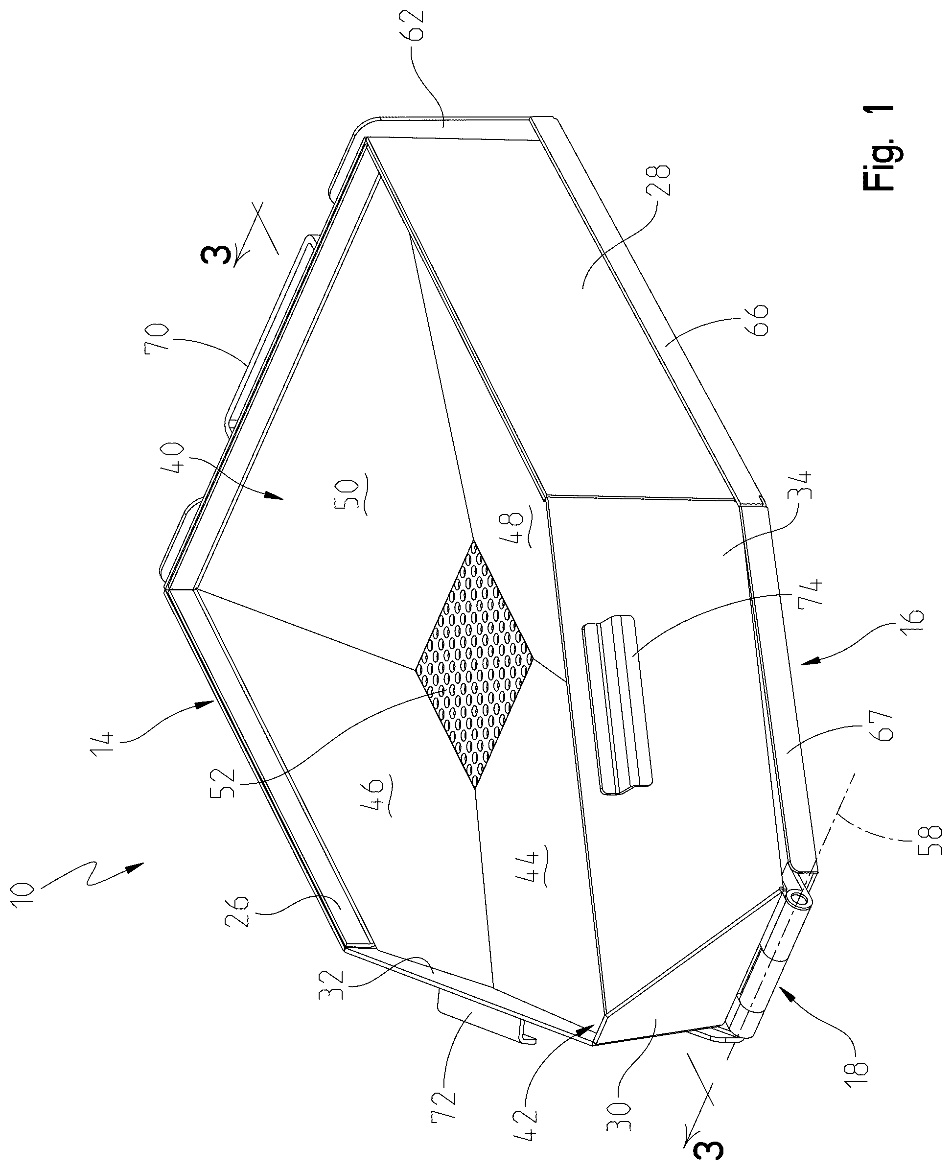 Patent US12305805 — Fluid drain pan with stowable pouring stand — Figure 1