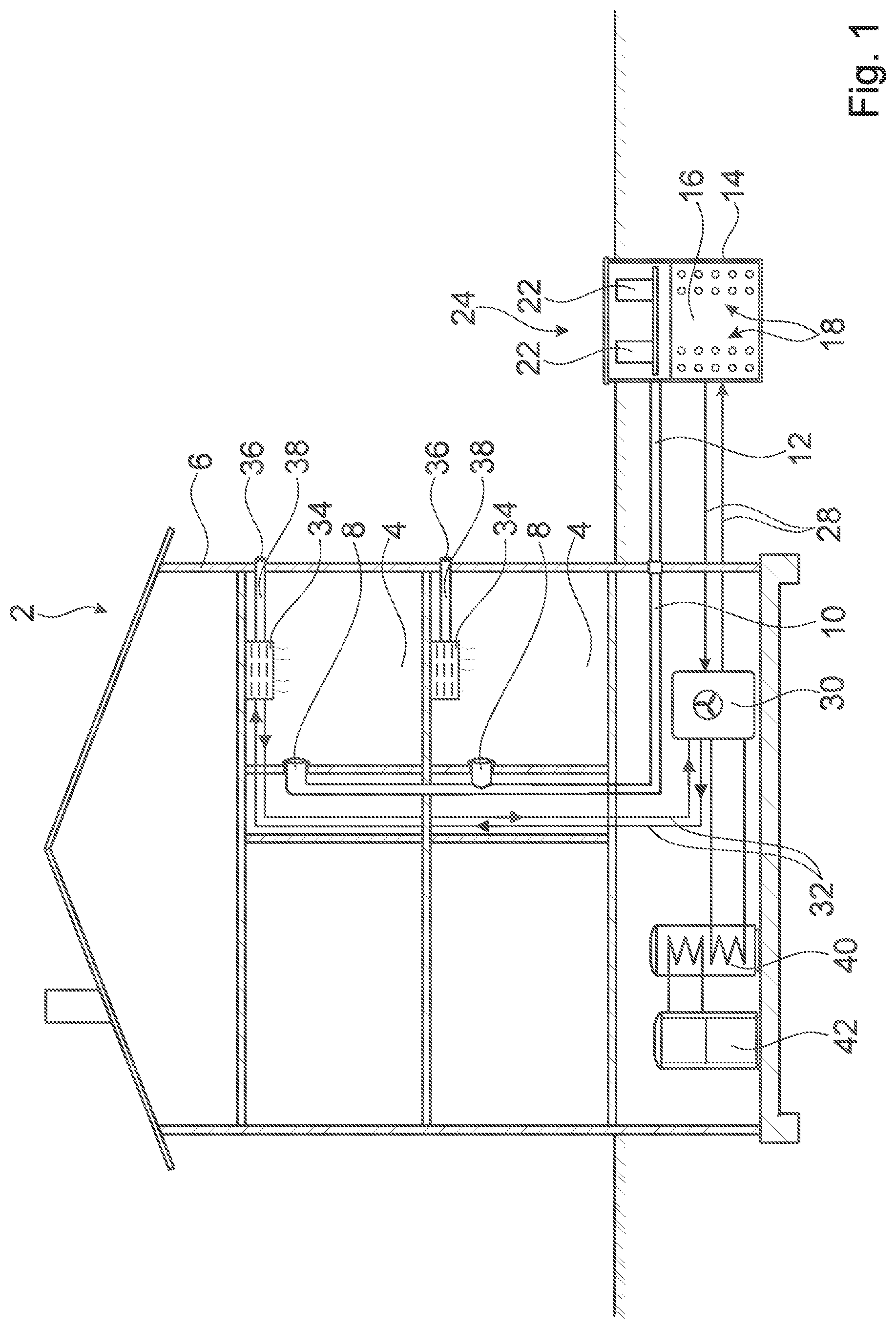 Patent US12305878 — System for air conditioning the interior of a building that guides exhaust air into a fluid reservoir via a heat exchanger — Figure 1