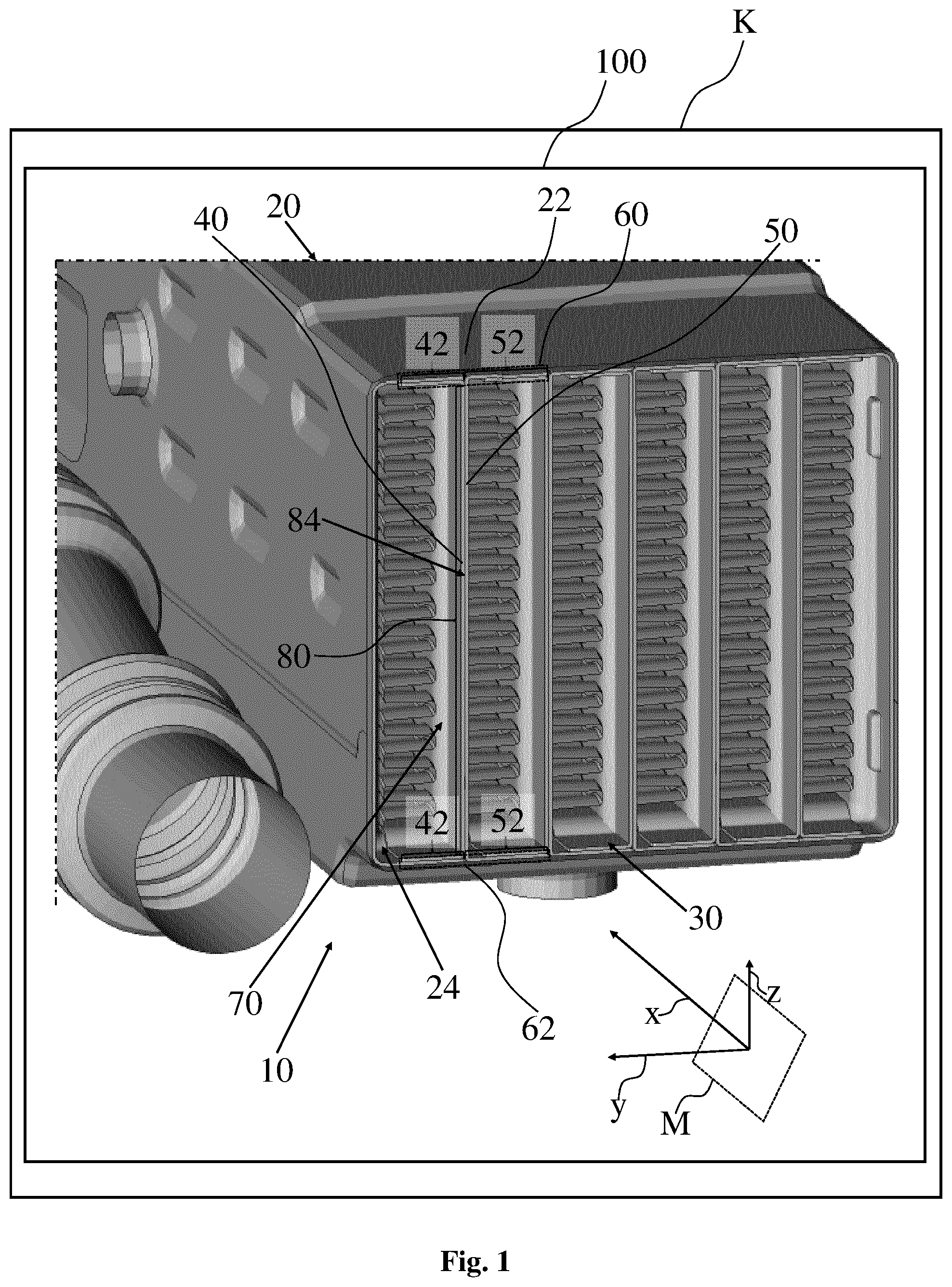 Patent US12305936 — Heat exchanger for an internal combustion engine, having a stiffening element in the region of a join between two partitions, and internal combustion engine having a heat exchanger — Figure 1