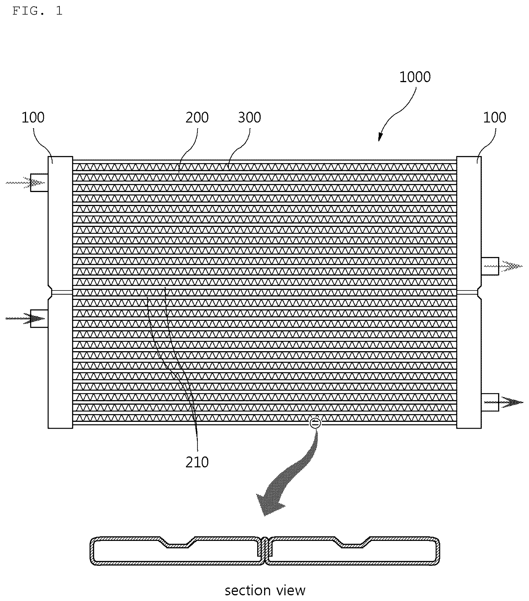 Patent US12305939 — Heat exchanger having flow distribution tank structure for thermal stress dispersion — Figure 1
