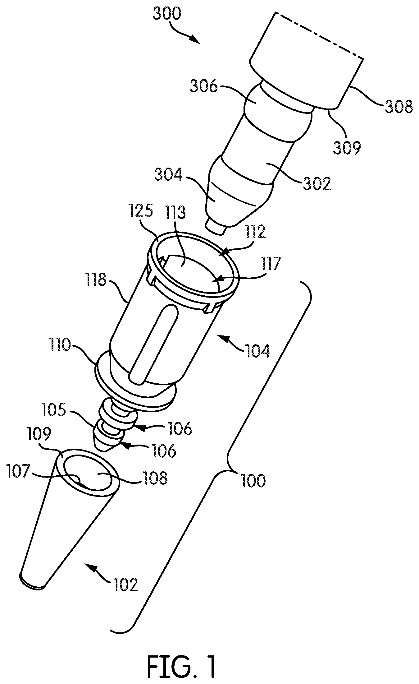 Patent US12306091 Figure 1 – Non-absorbent cleaning member with transport arm working end coupling element for use in a sample testing system