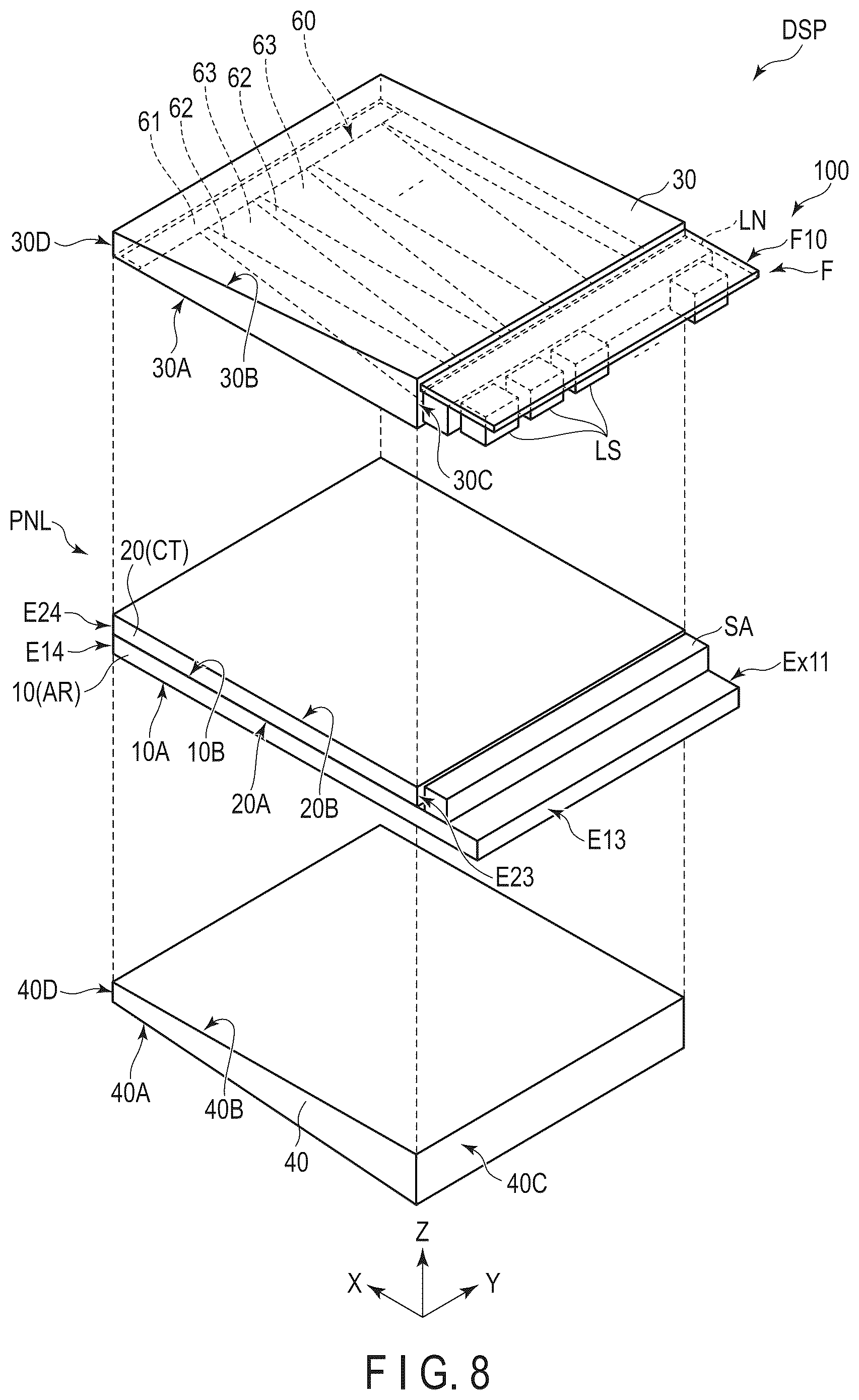 Patent US12306490 Figure 8 – Display device and cover glass