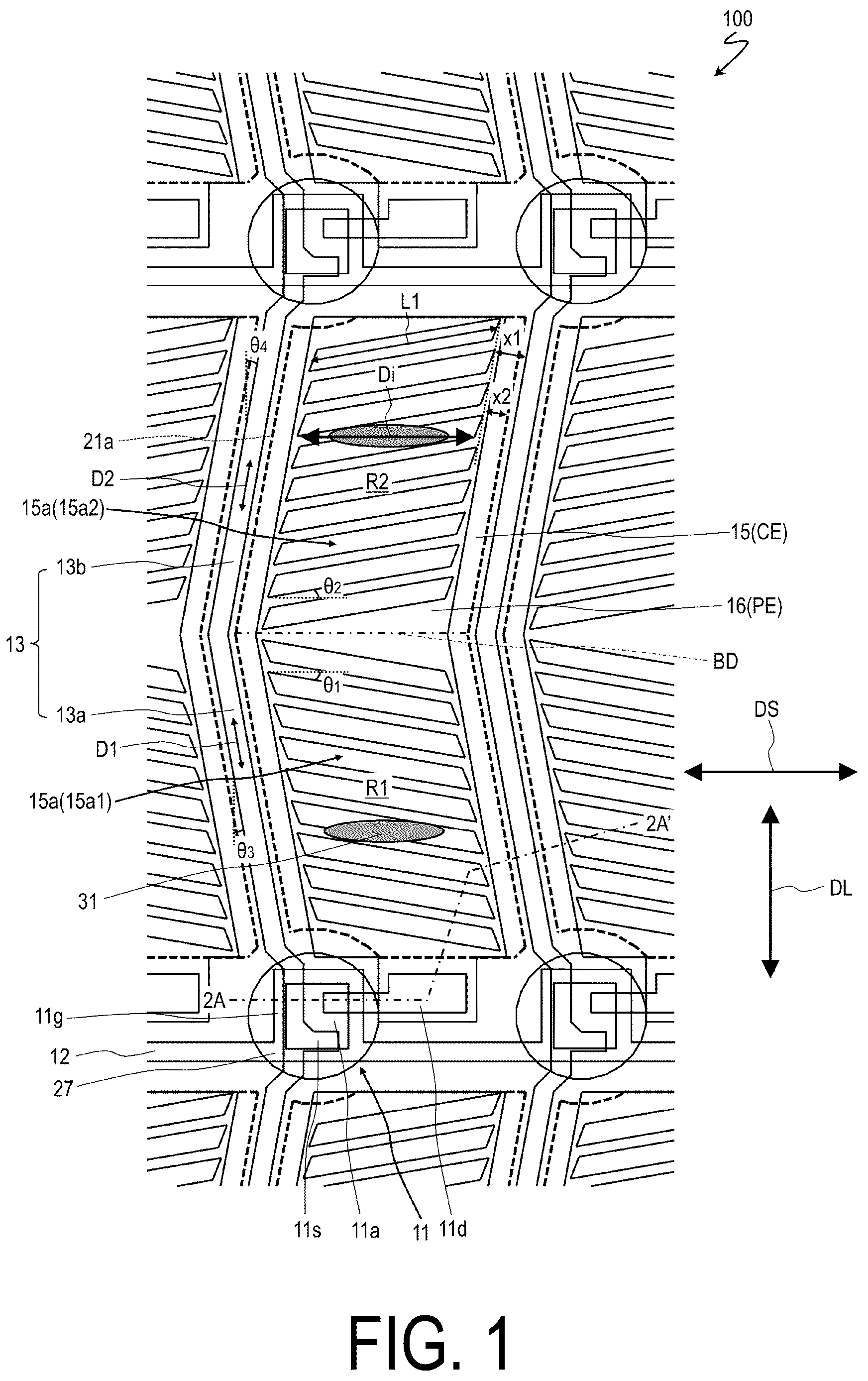 Patent US12306503 — Liquid crystal display device comprising electrodes each having a plurality of slits that form an acute angle with a short side of the electrodes — Figure 1