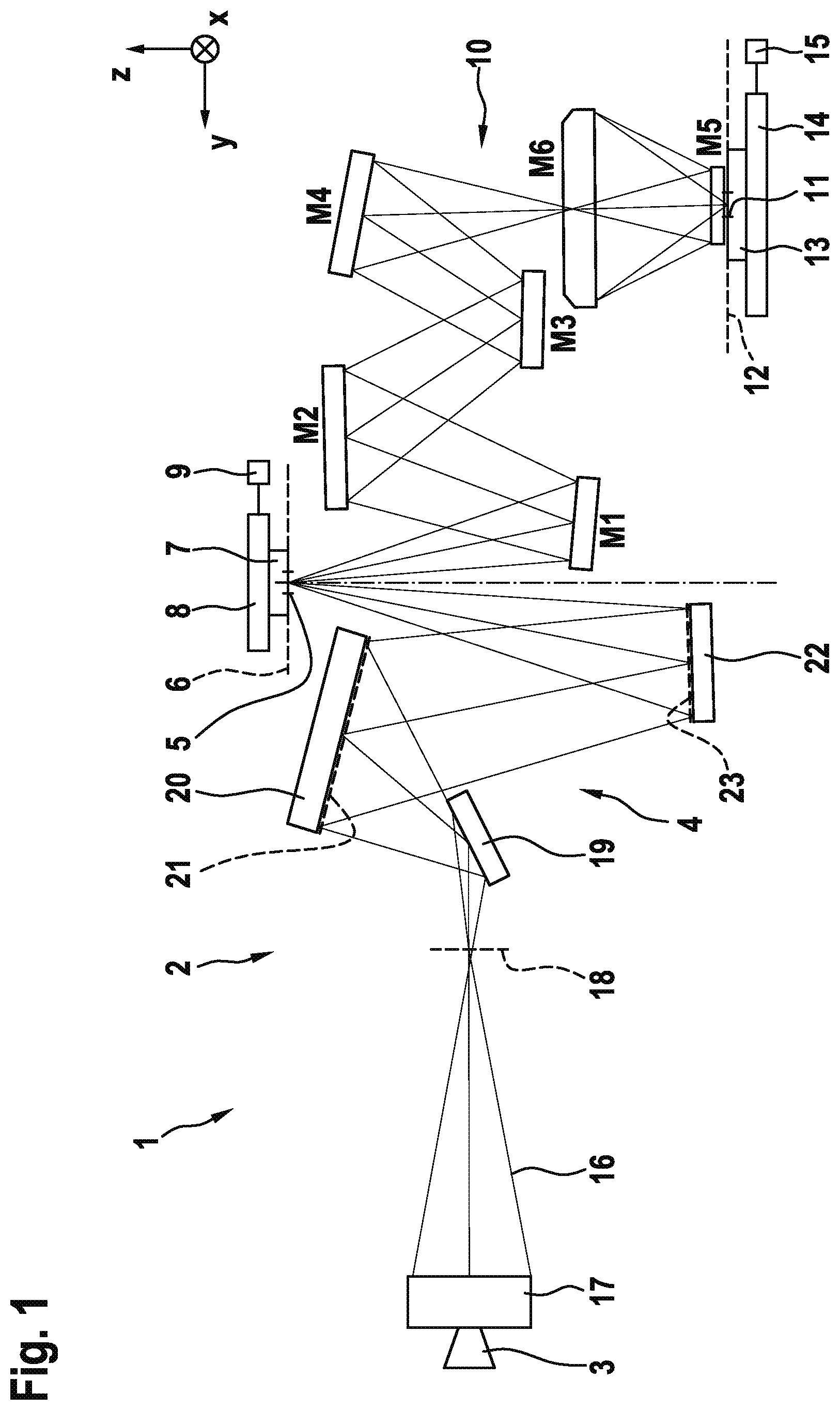 Patent US12306551 — Projection exposure apparatus having a device for determining the concentration of atomic hydrogen — Figure 1