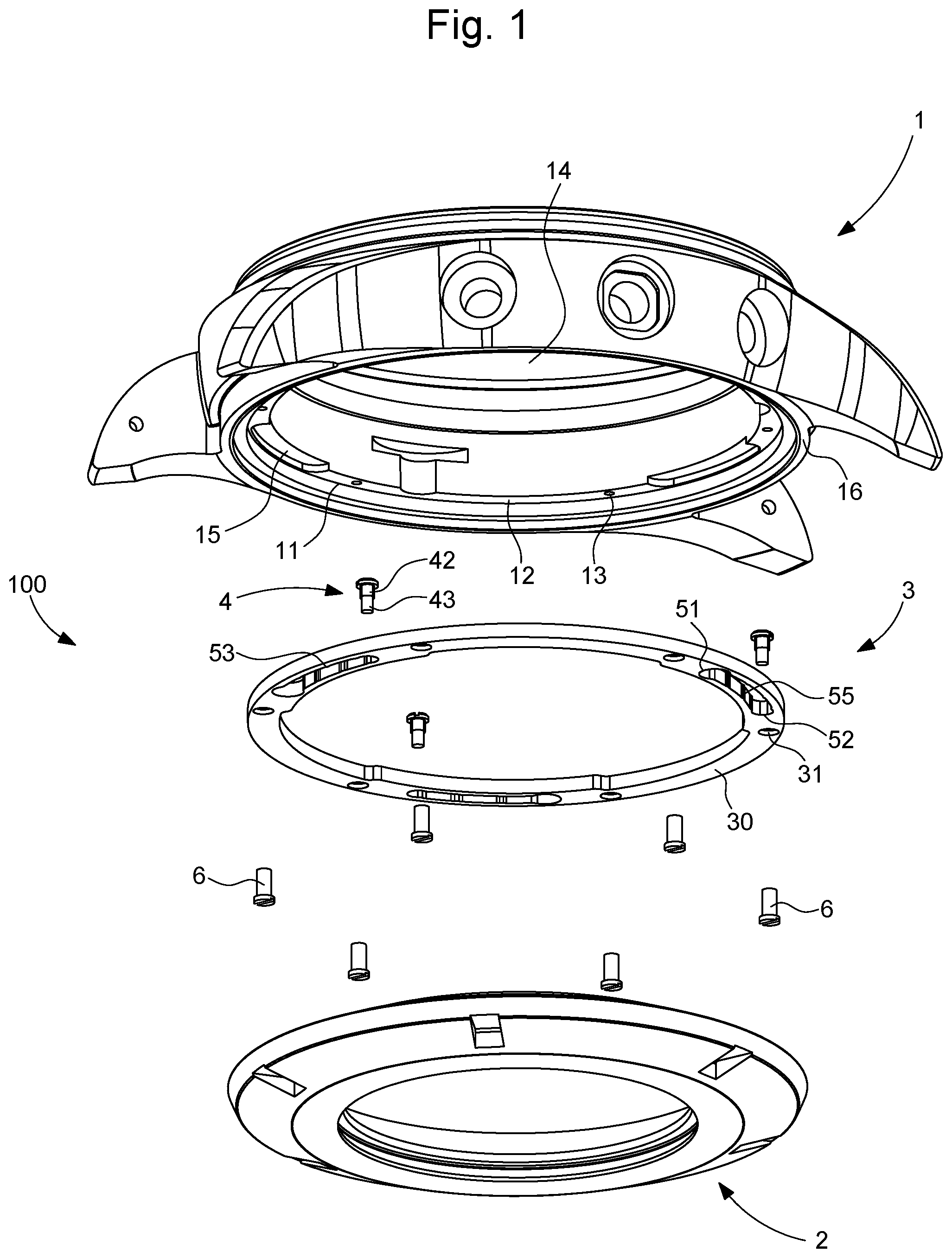 Patent US12306586 Figure 1 – Device for fastening a back on a middle for a timepiece