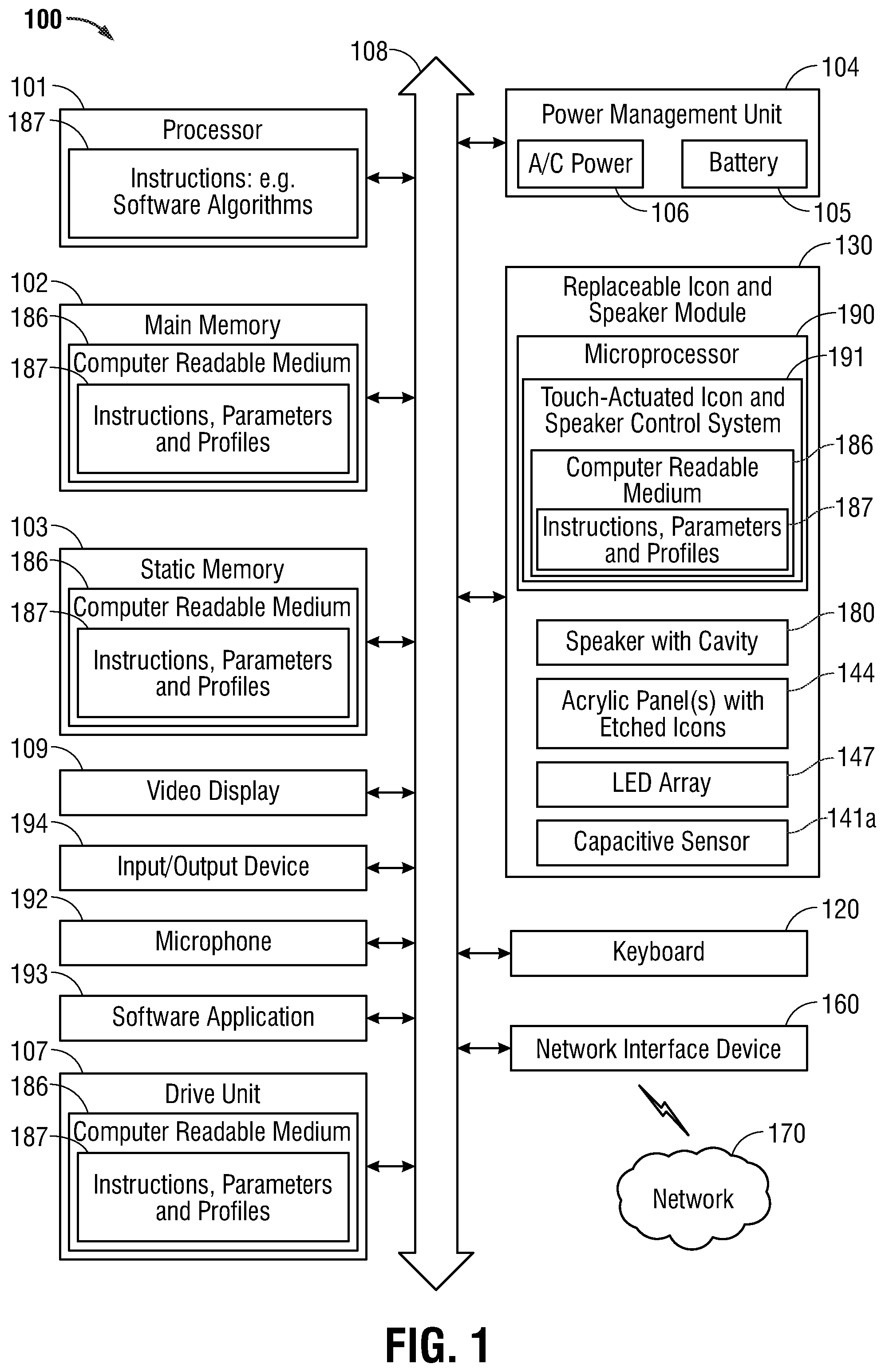 Patent US12306675 — System and method of manufacture for replaceable icon and speaker module with animated touch-actuated icons — Figure 1