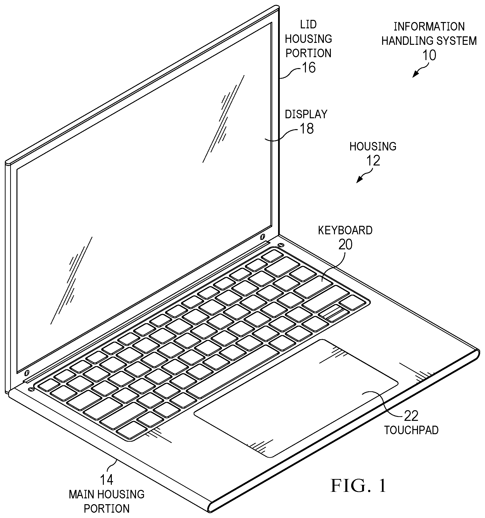 Patent US12306676 Figure 1 – Information handling system keyboard with rapid assembly and disassembly to aid recycling
