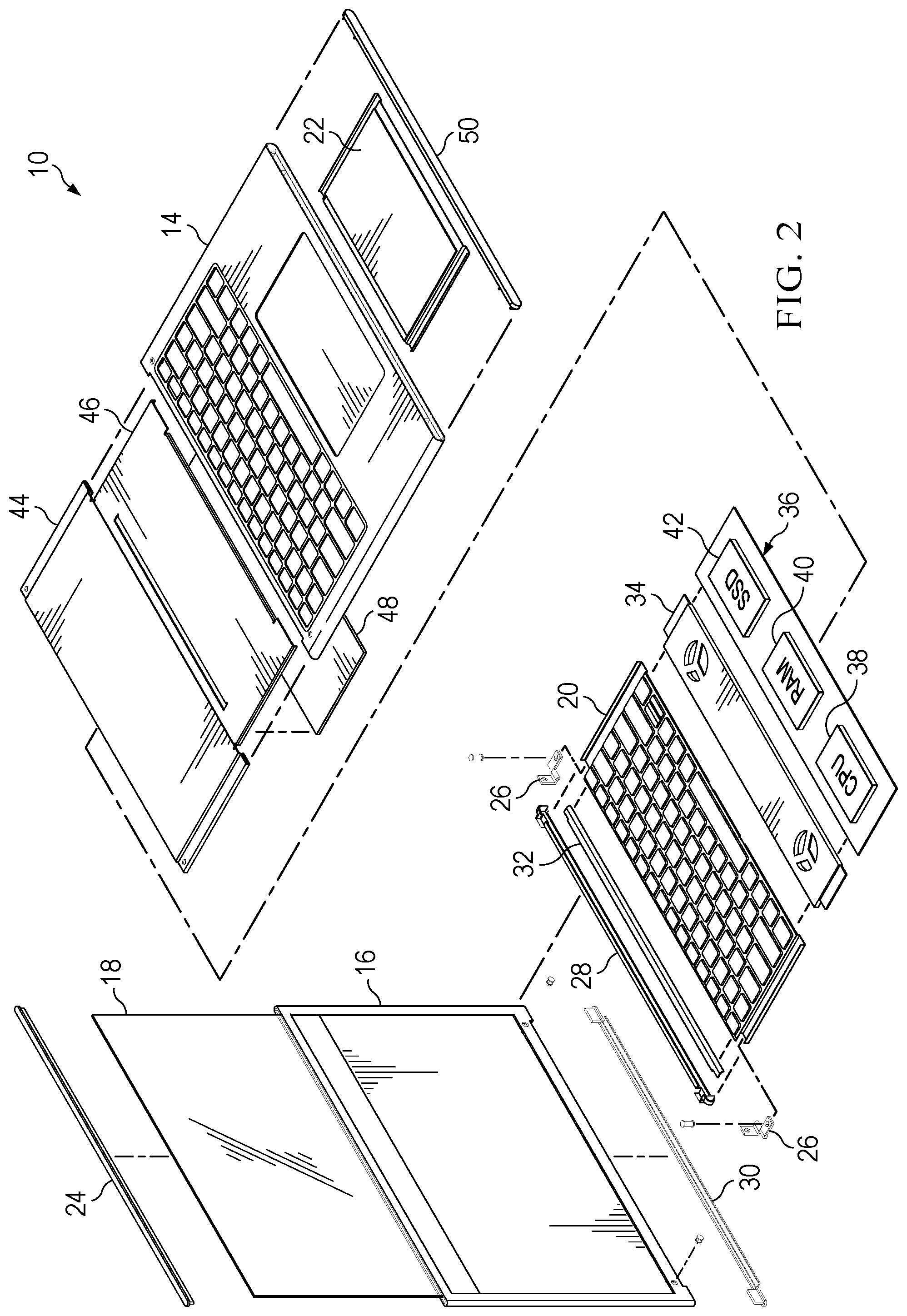 Patent US12306676 Figure 2 – Information handling system keyboard with rapid assembly and disassembly to aid recycling