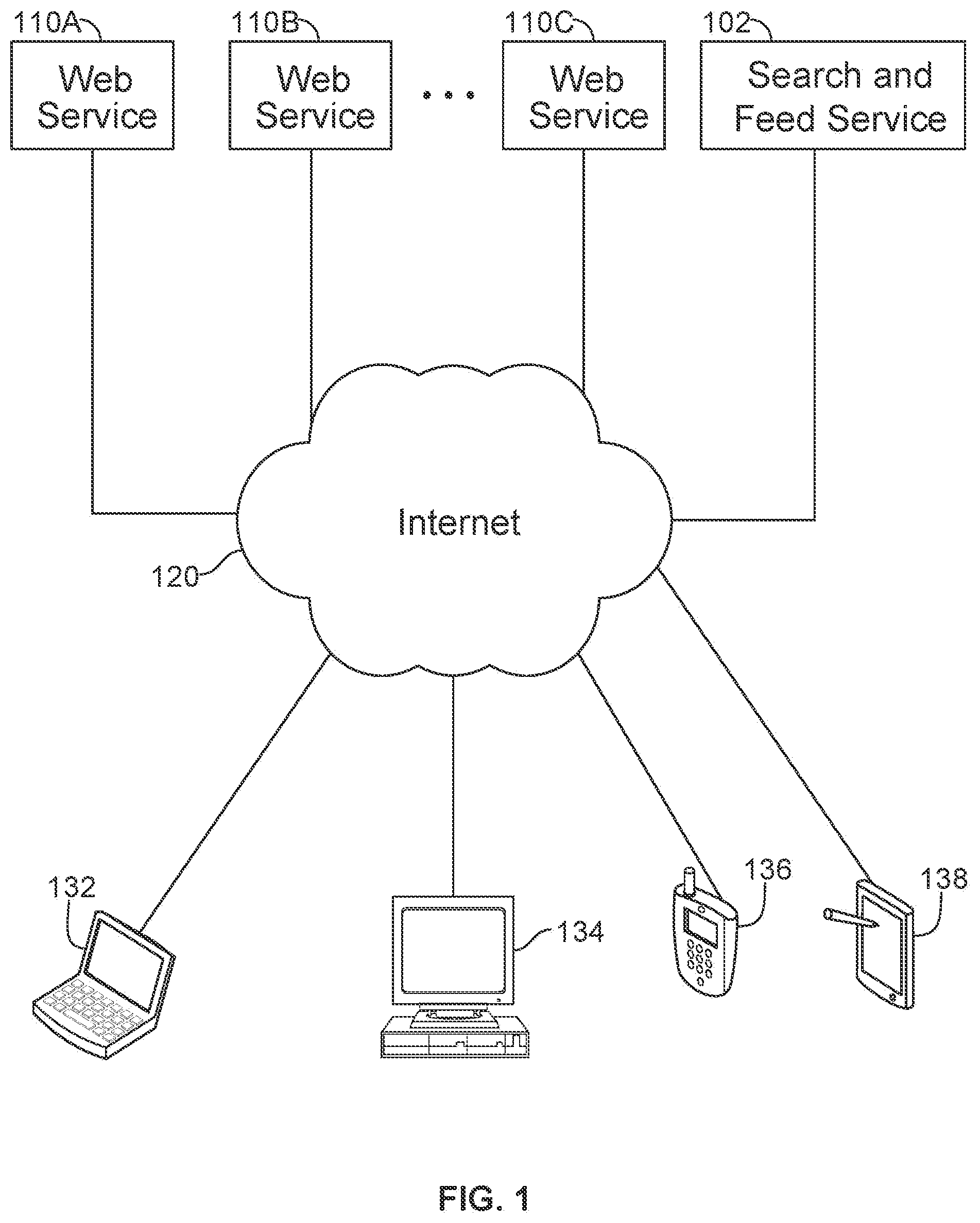 Patent US12306888 — Enhanced search to generate a feed based on a user's interests — Figure 1