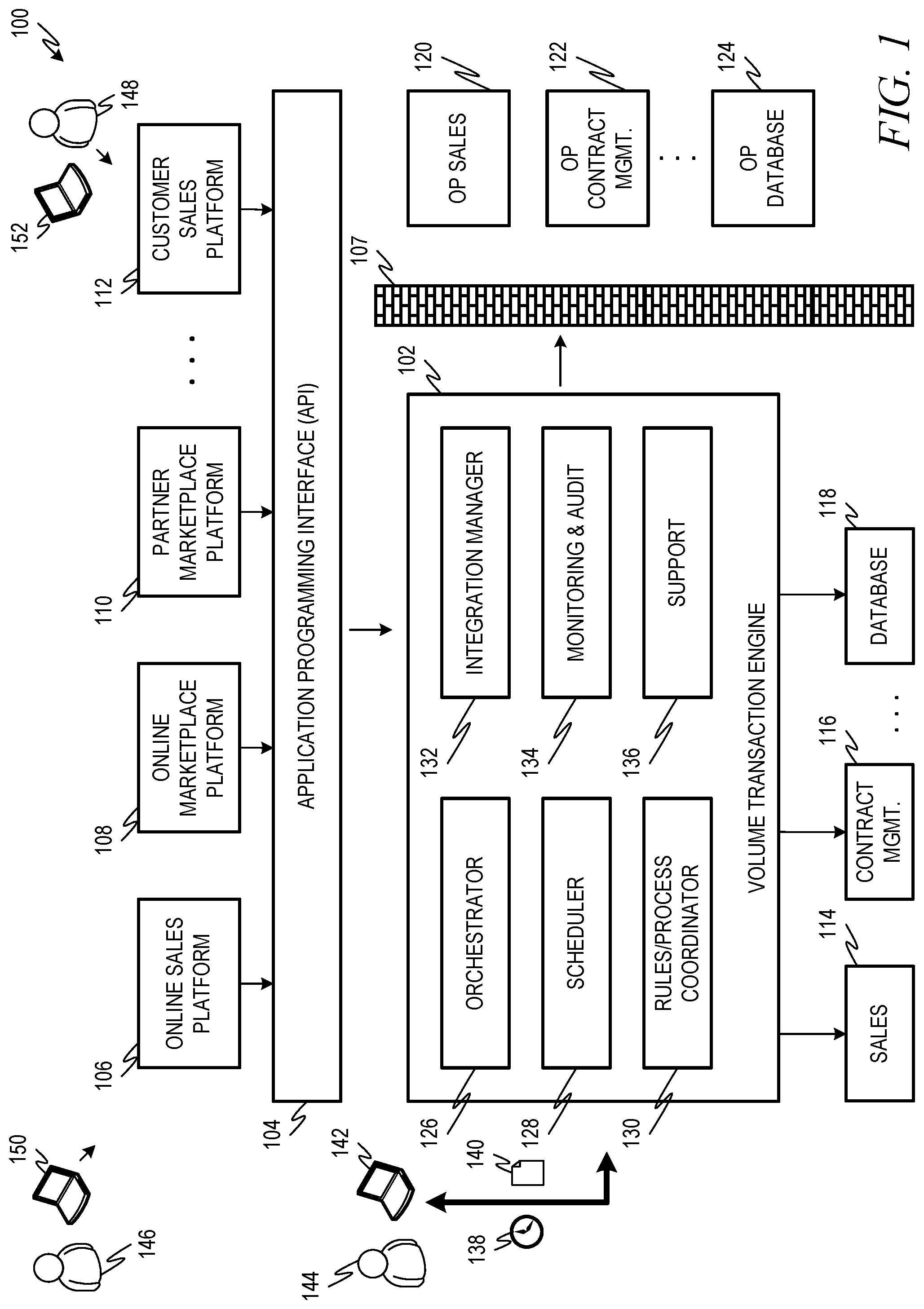 Patent US12307284 — Transaction engine for executing transactions in cloud and on-premise environments — Figure 1