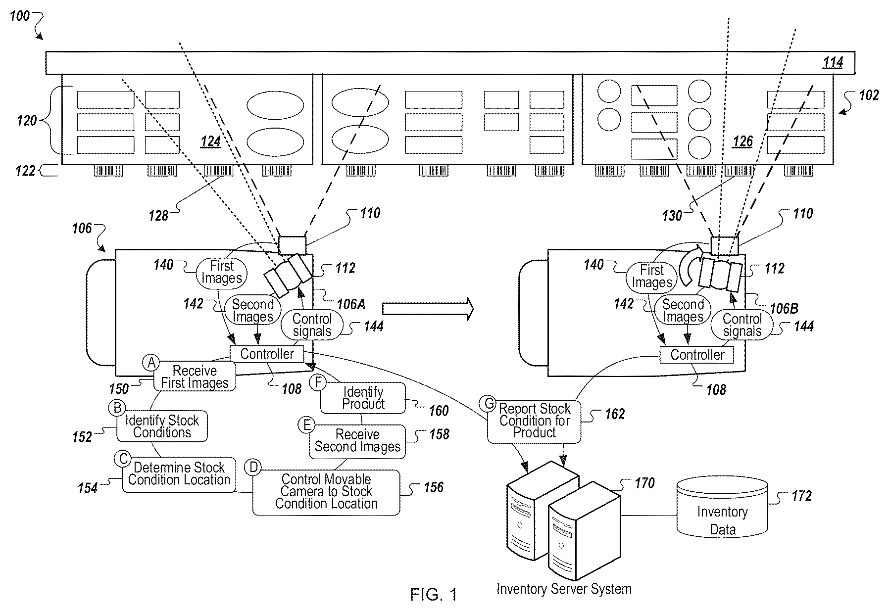 Patent US12307419 — Mobile apparatus with computer vision elements for inventory condition — Figure 1