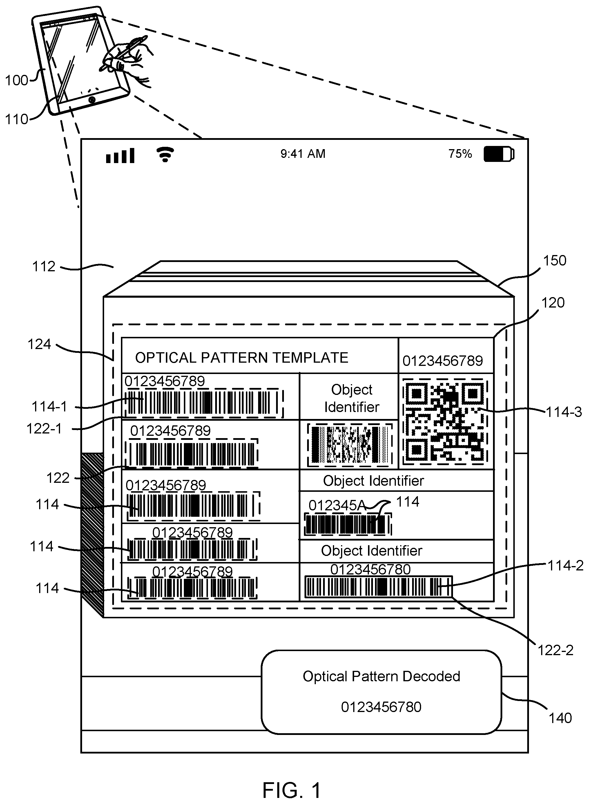 Patent US12307552 — Selection and decoding of an optical pattern within a real scene using a frozen image from a video preview — Figure 1