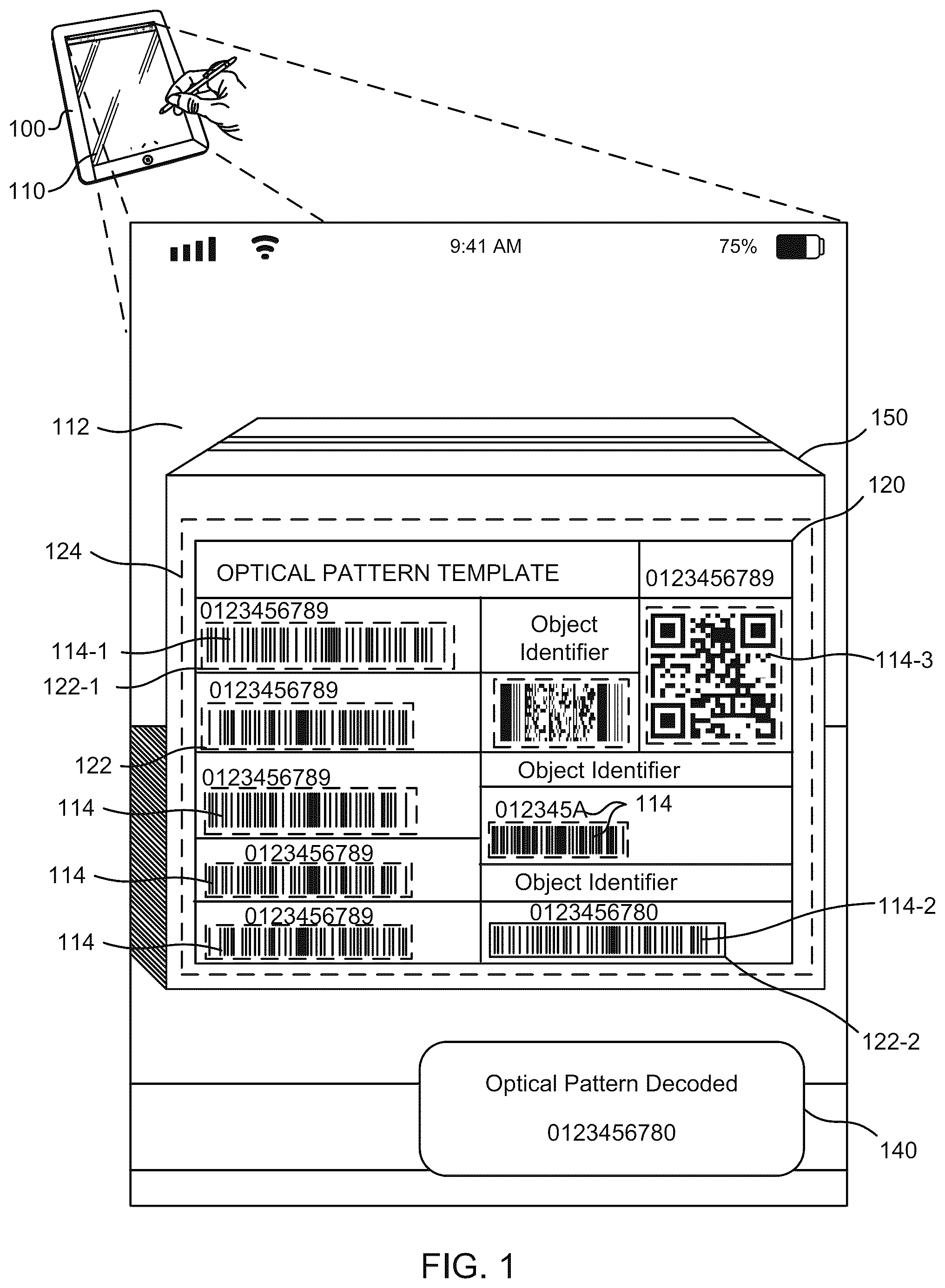 Patent US12307737 — Adaptive selection area for image-based decoding of optical patterns — Figure 1