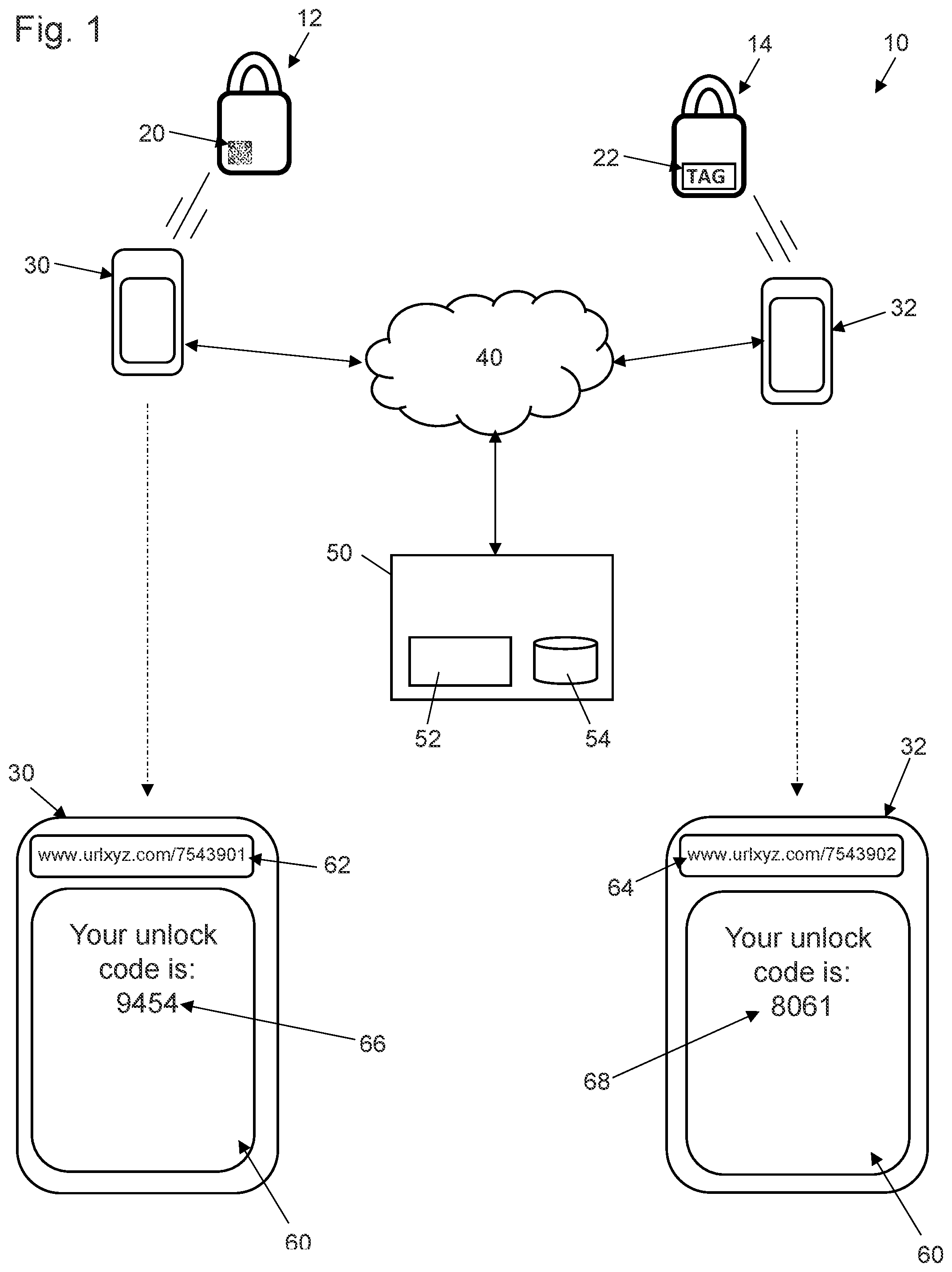 Patent US12307840 — System and method for revealing unlock codes for locks — Figure 1