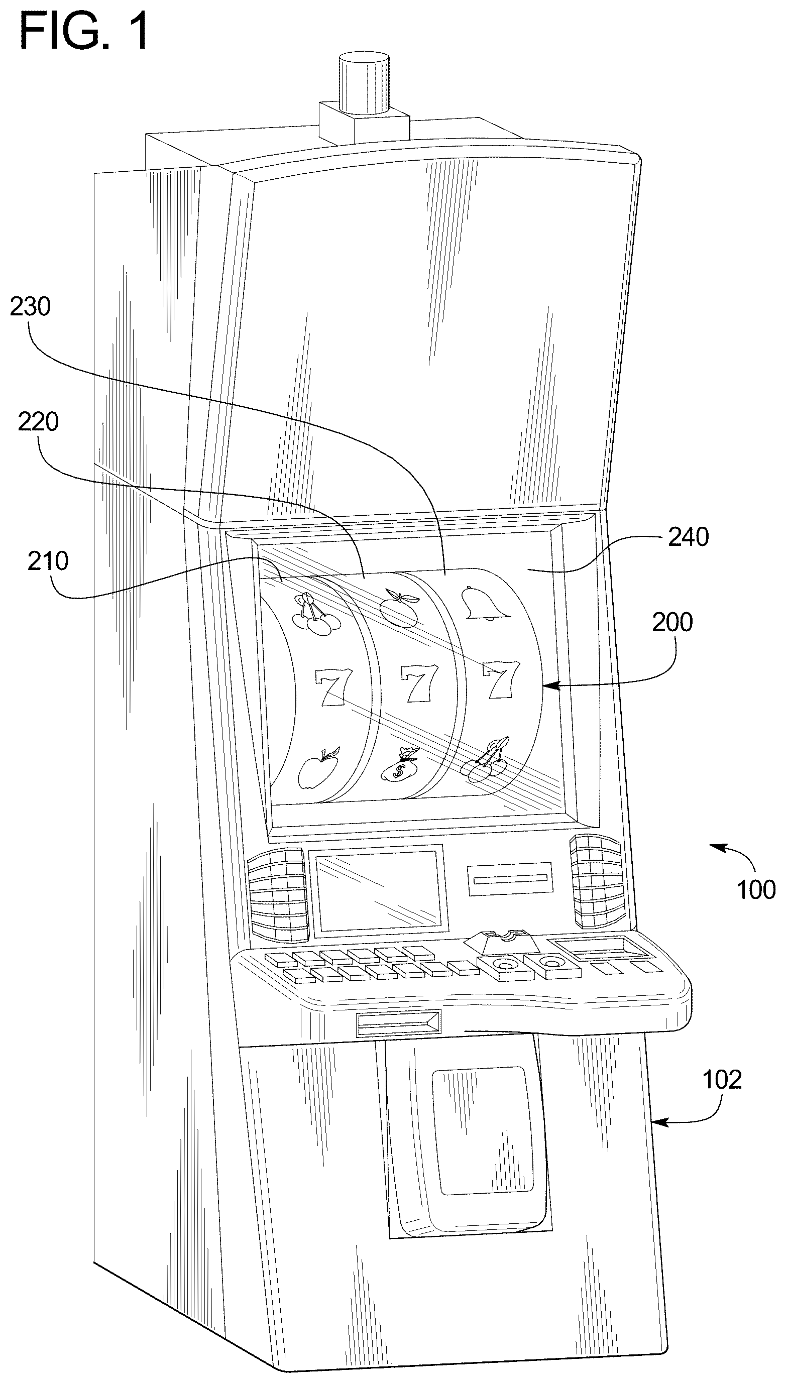 Patent US12307862 — Electronic gaming machine having a reel assembly and method of making reel strips — Figure 1