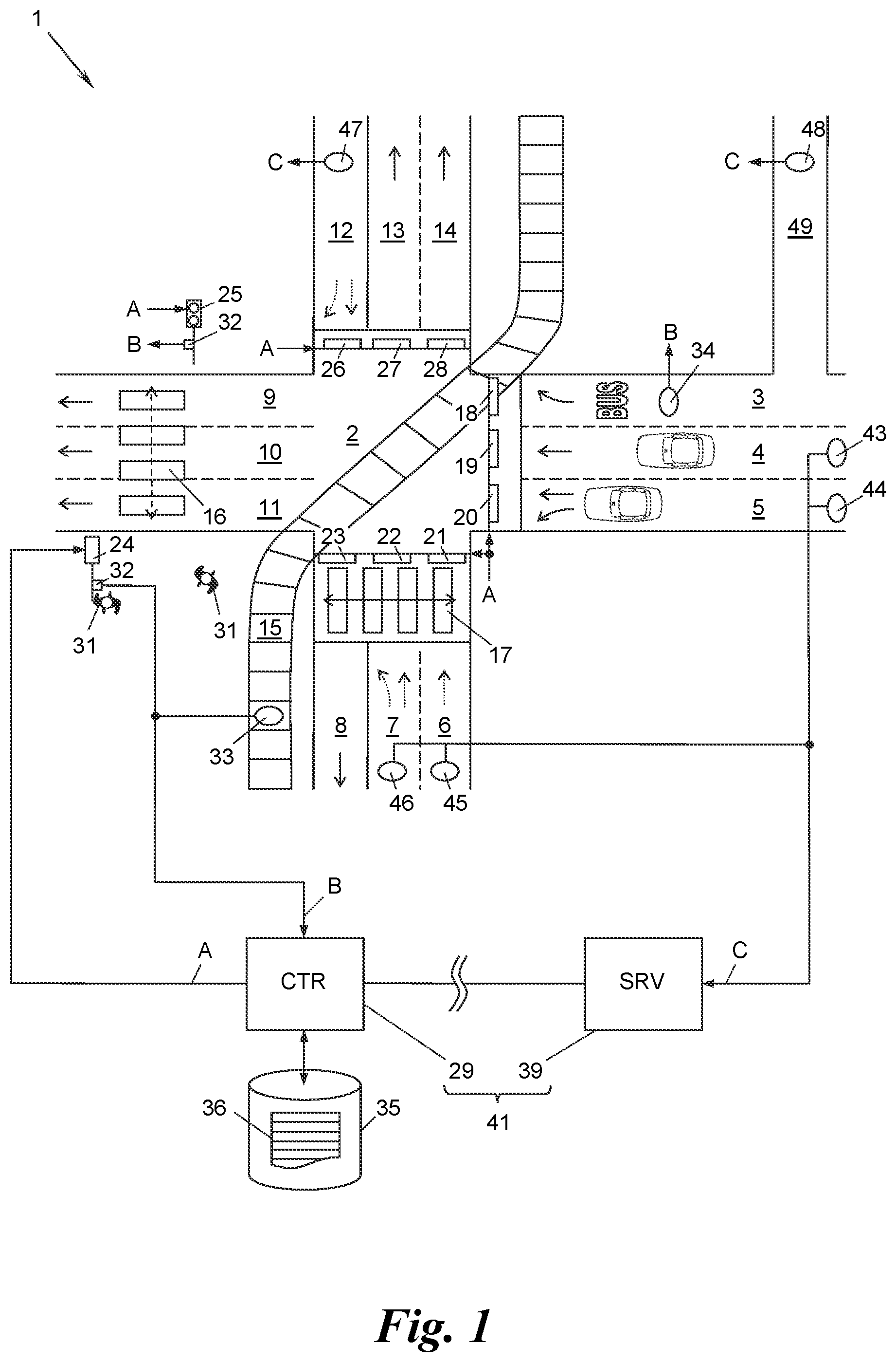 Patent US12307888 — Method and server for controlling traffic lights — Figure 1