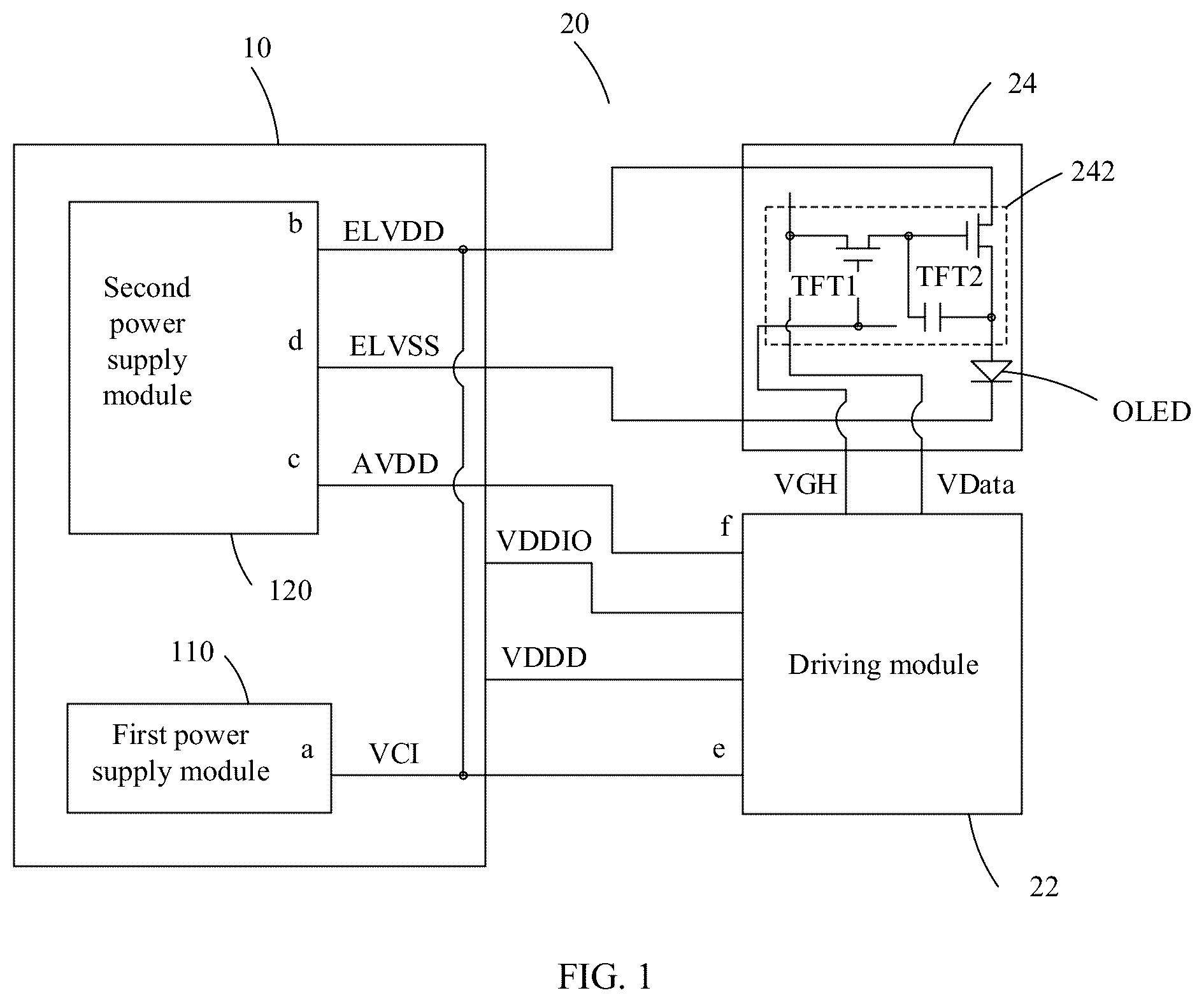 Patent US12307958 — Power supply circuit with first and second power supply modules and a driving module, and associated driving and display apparatuses — Figure 1