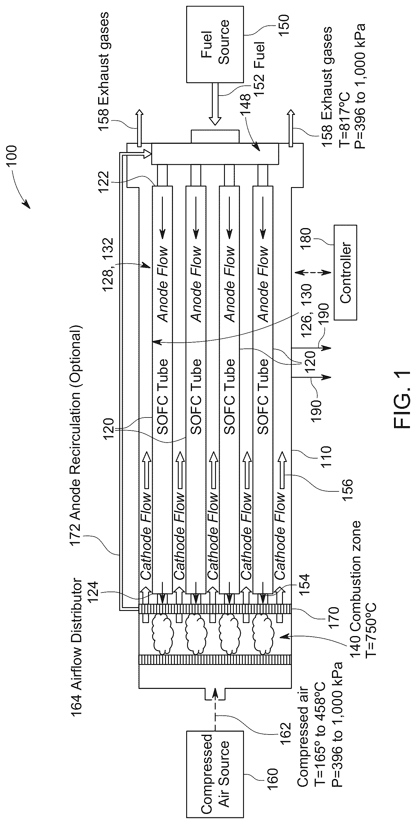 Patent US12308491 — Integrated solid oxide fuel cell combustor assembly, system, and method thereof — Figure 1