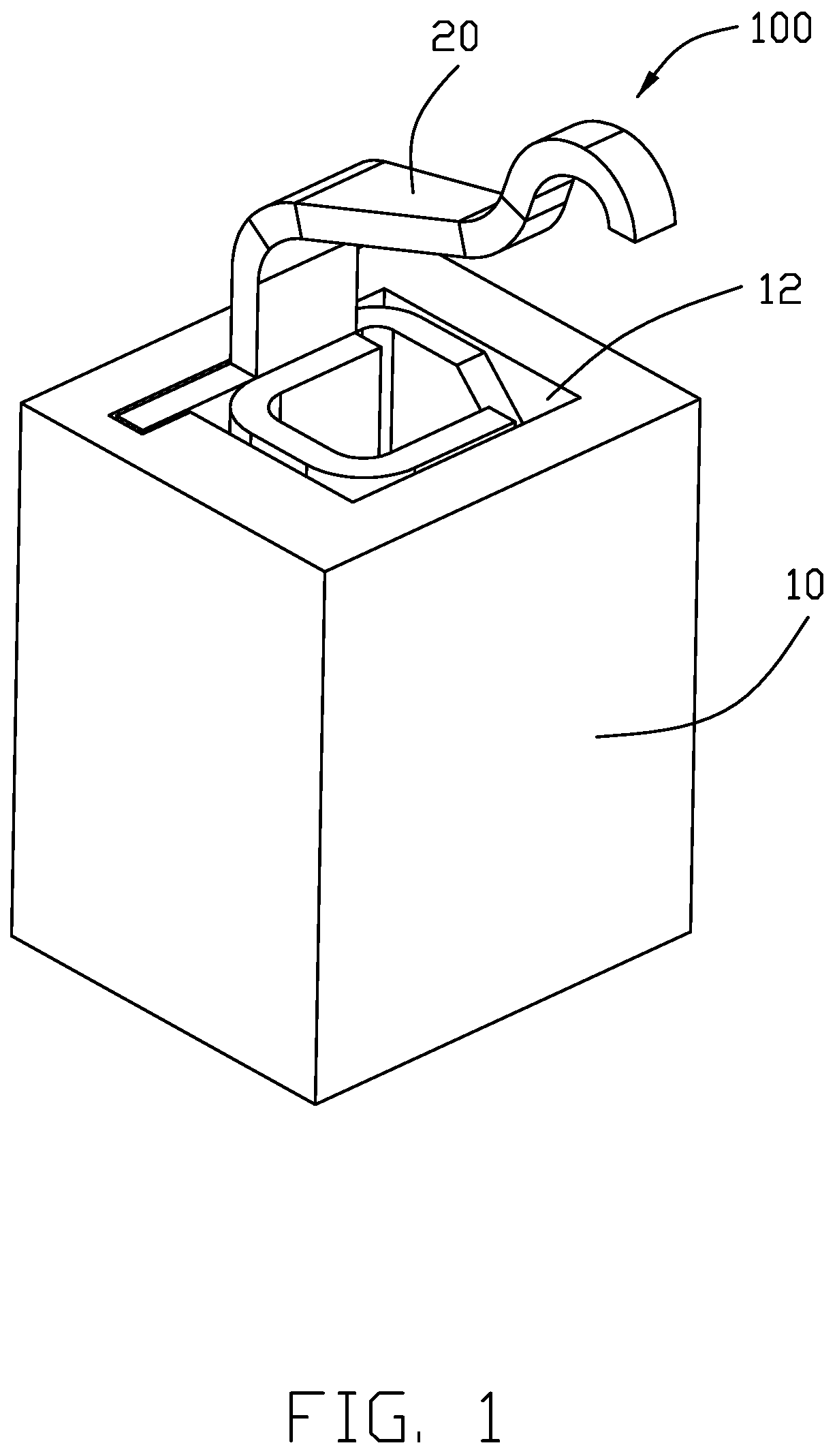 Patent US12308551 Figure 1 – Electrical connector having an angled part and a U-shaped plate together defining a tubular structure