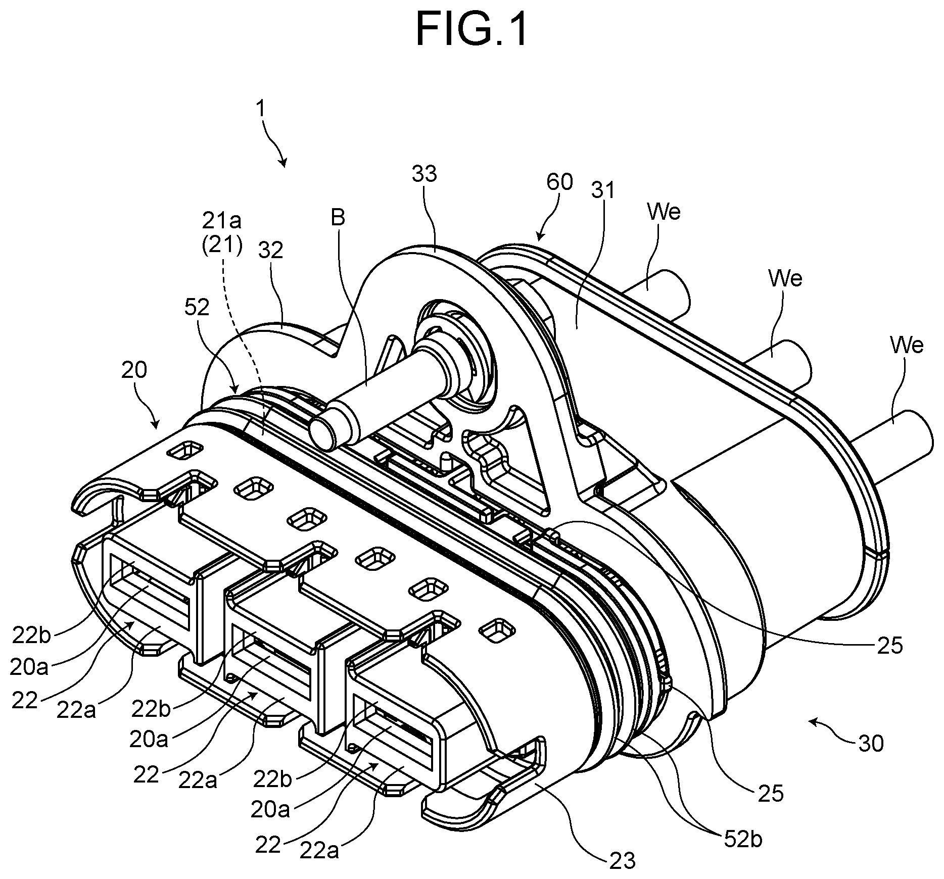 Patent US12308561 — Connector including abutted section forming pair with abutting section of mating fitting space to align center of connector with center of mating fitting space — Figure 1