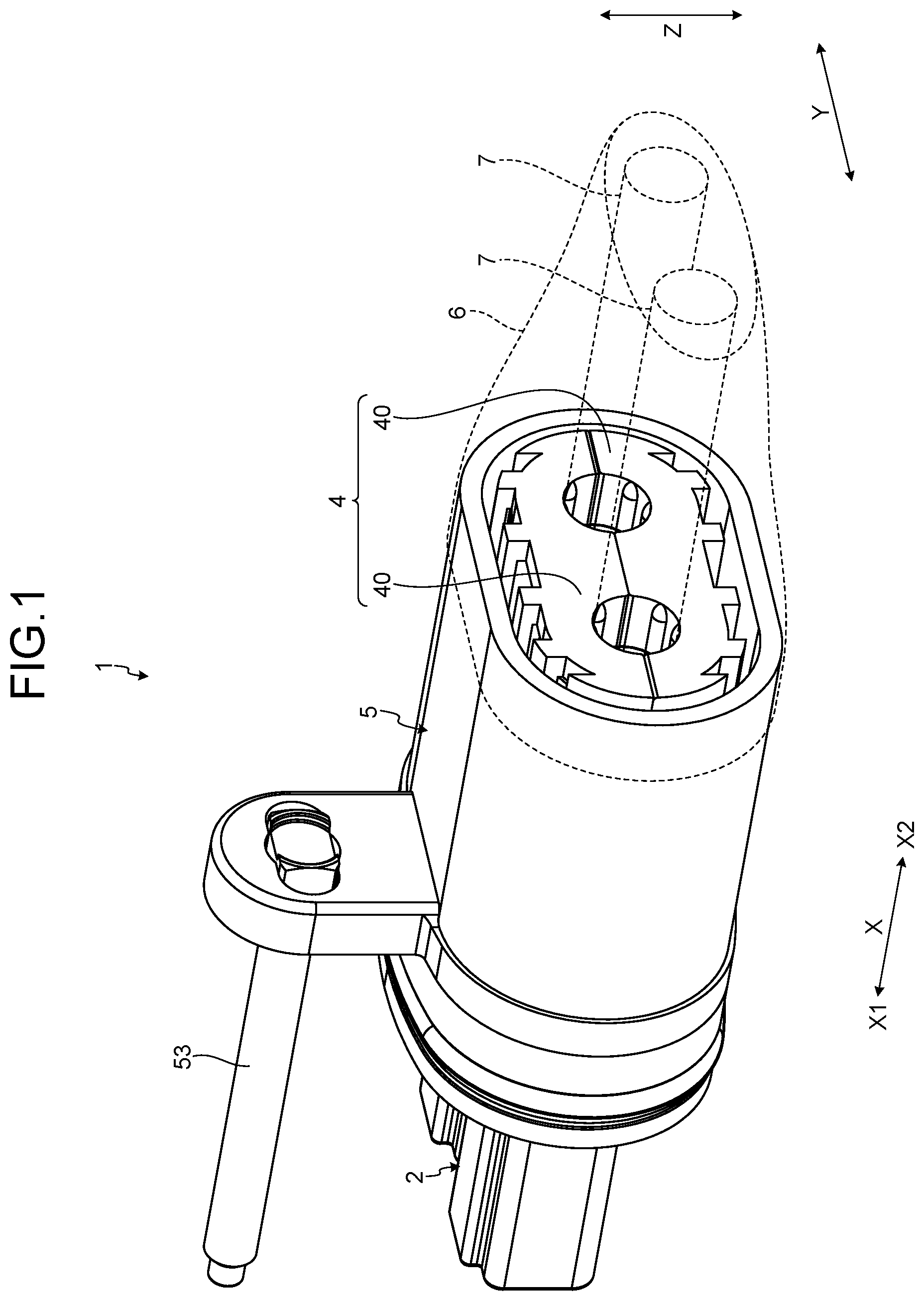 Patent US12308575 Figure 1 – Shield connector including inclined locking surface locking holder to shell
