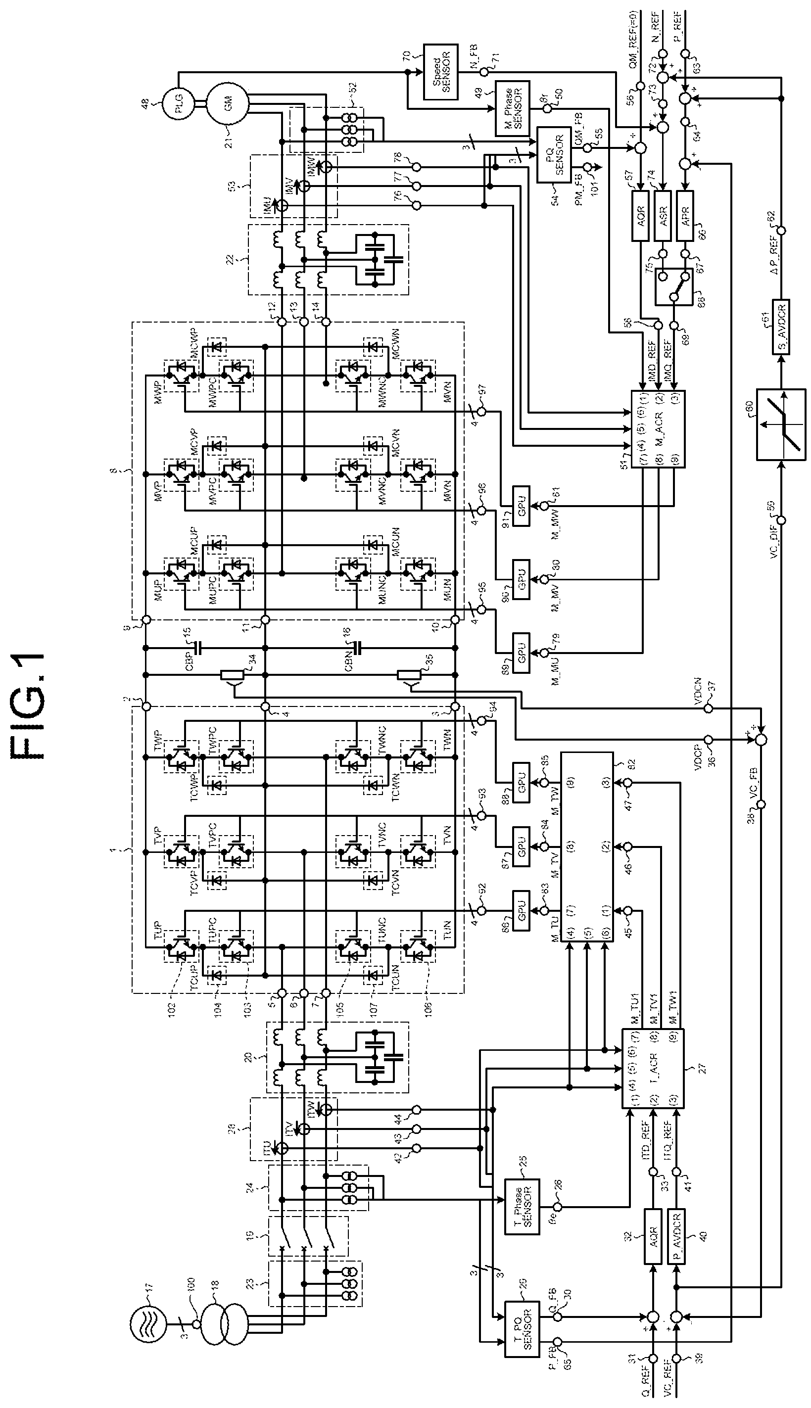 Patent US12308769 — Adjustable speed generator motor system with full power converter — Figure 1