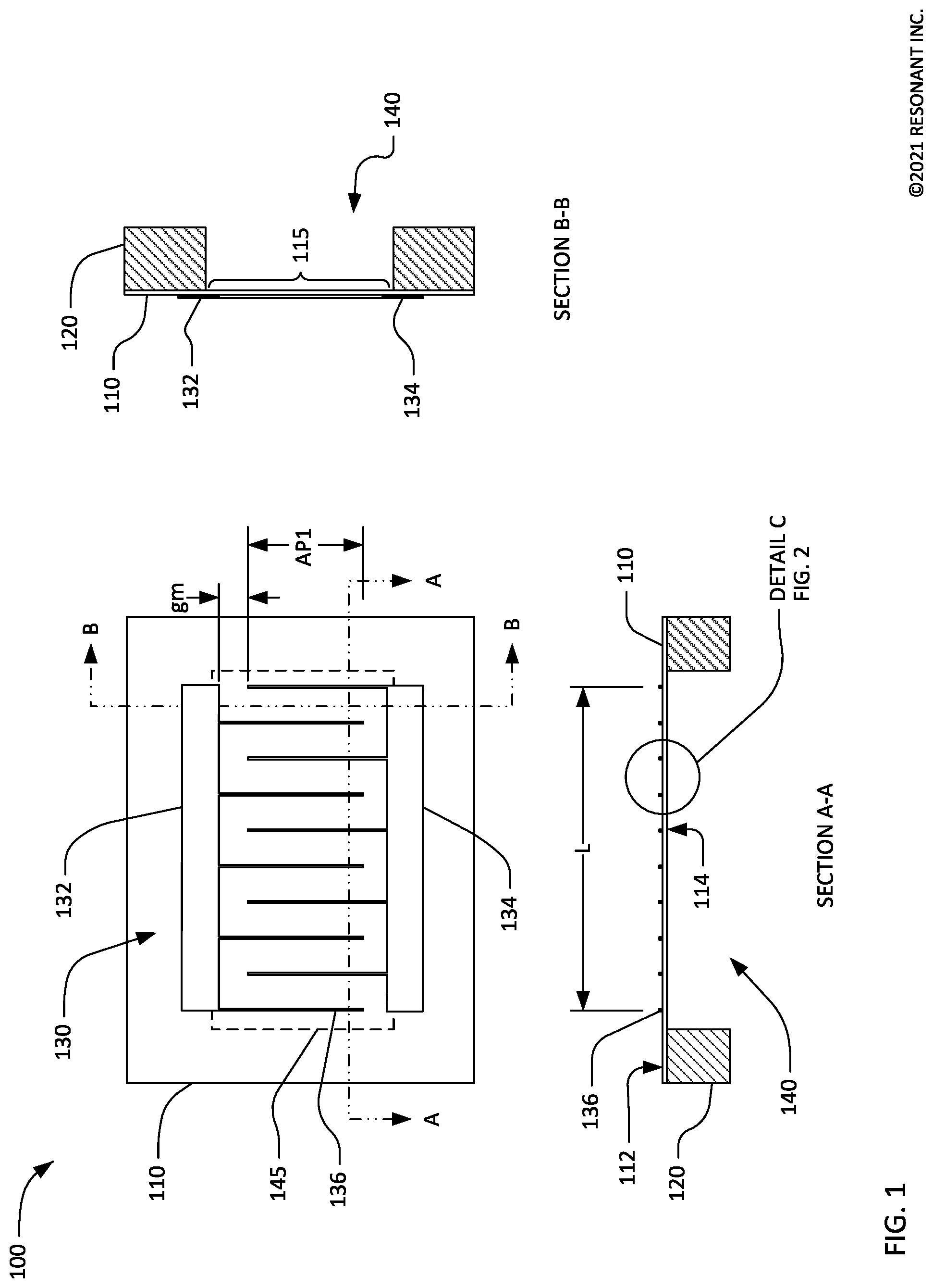 Patent US12308825 Figure 1 – Transversely-excited film bulk acoustic resonators with narrow gaps between busbars and ends of interdigital transducer fingers