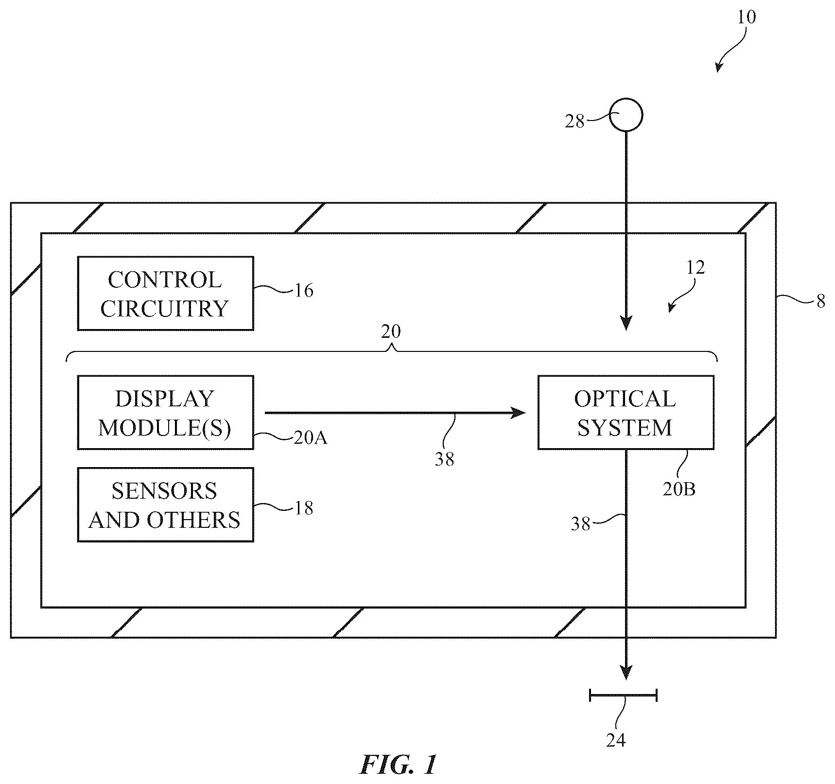 Patent US12309344 — Electronic device that displays virtual objects at different apparent depths — Figure 1