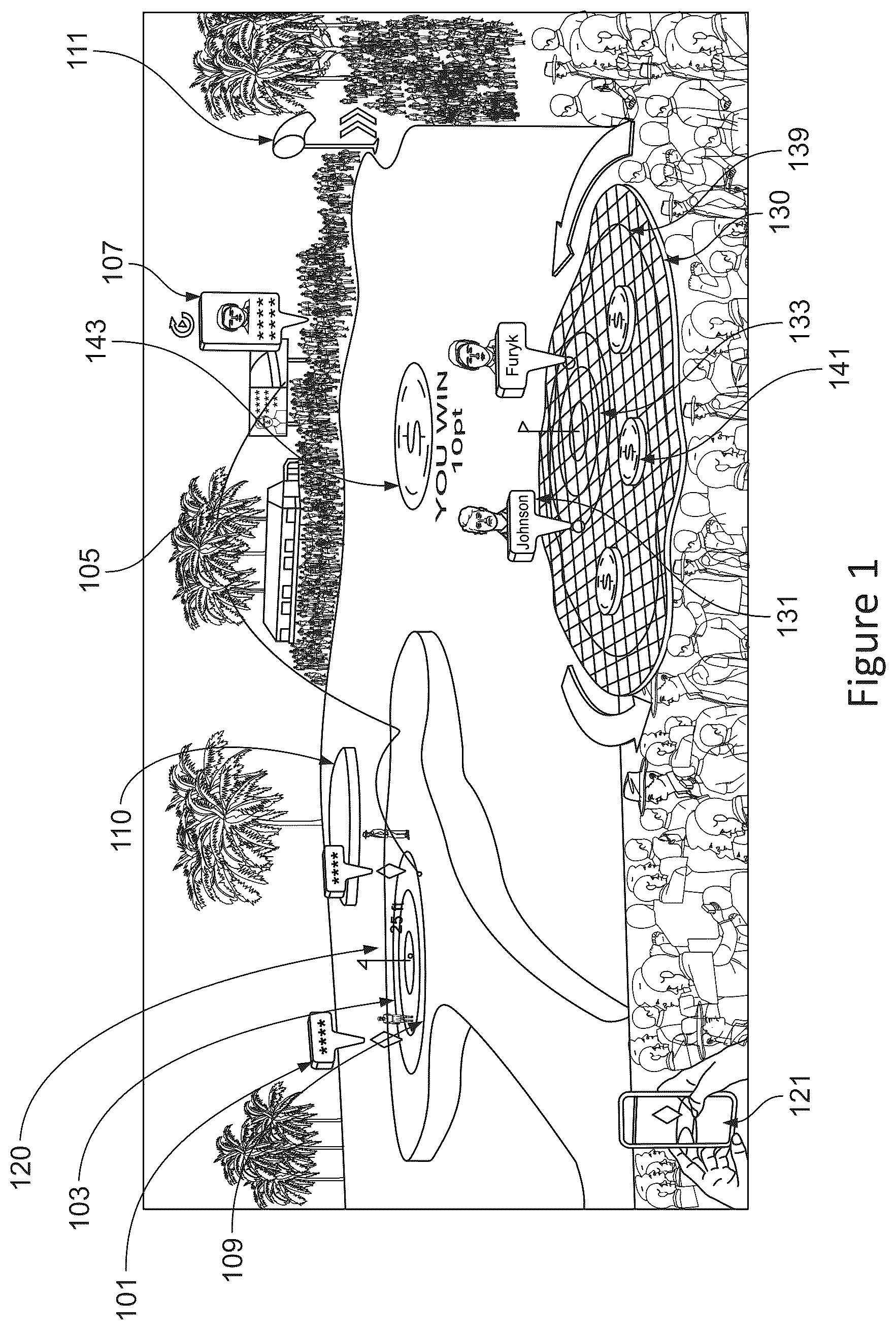 Patent US12309449 — Augmented reality system for viewing an event with multiple coordinate systems and automatically generated model — Figure 1