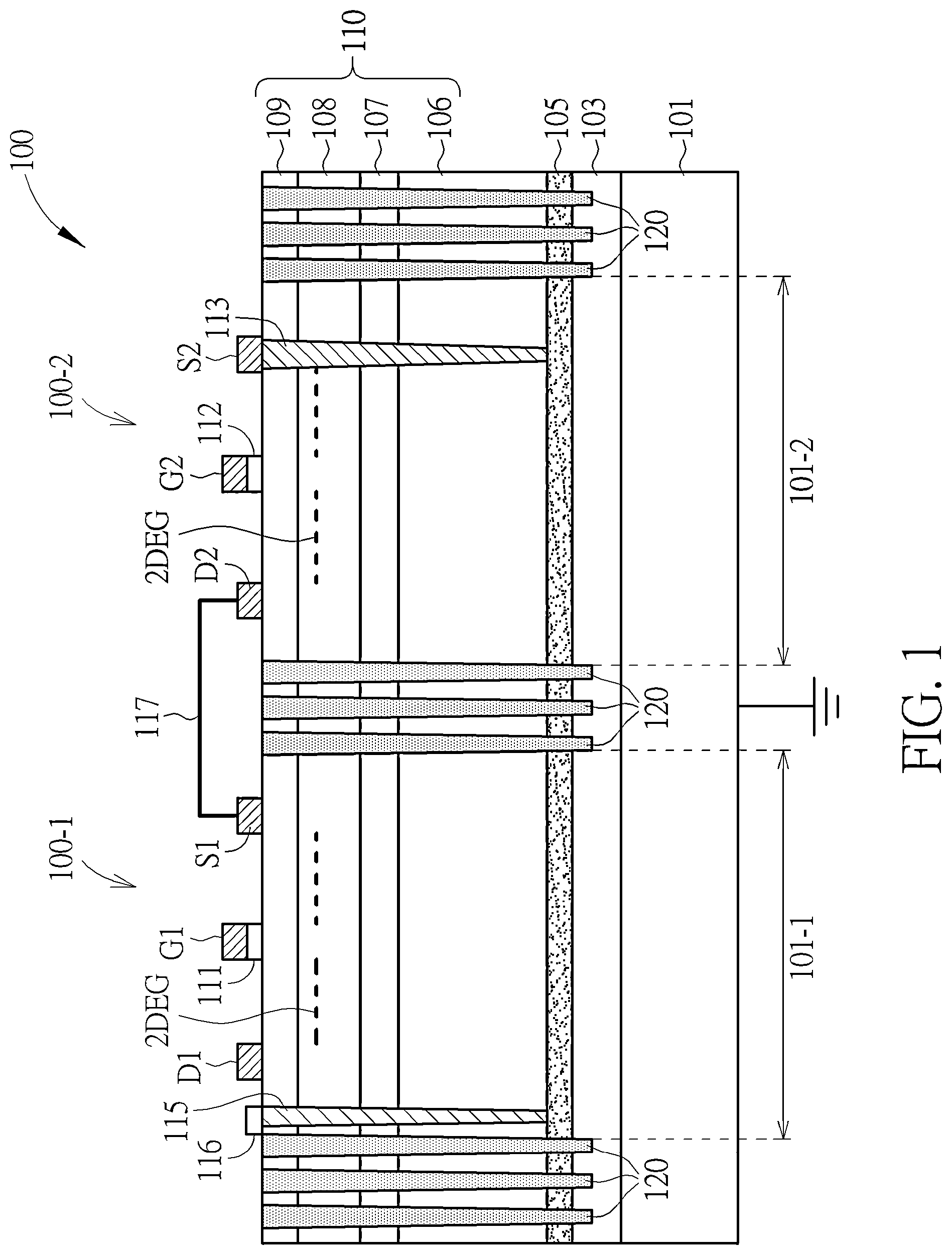 Patent US12310105 — Semiconductor device including high electron mobility transistors with an improved backside electrode being applied in a half-bridge circuit — Figure 1