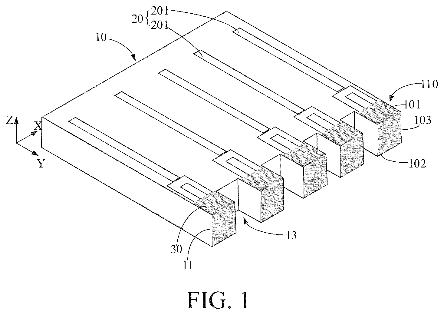 Patent US12310109 — Display panel including a substrate having protruding portions, method for manufacturing display panel, and display device — Figure 1